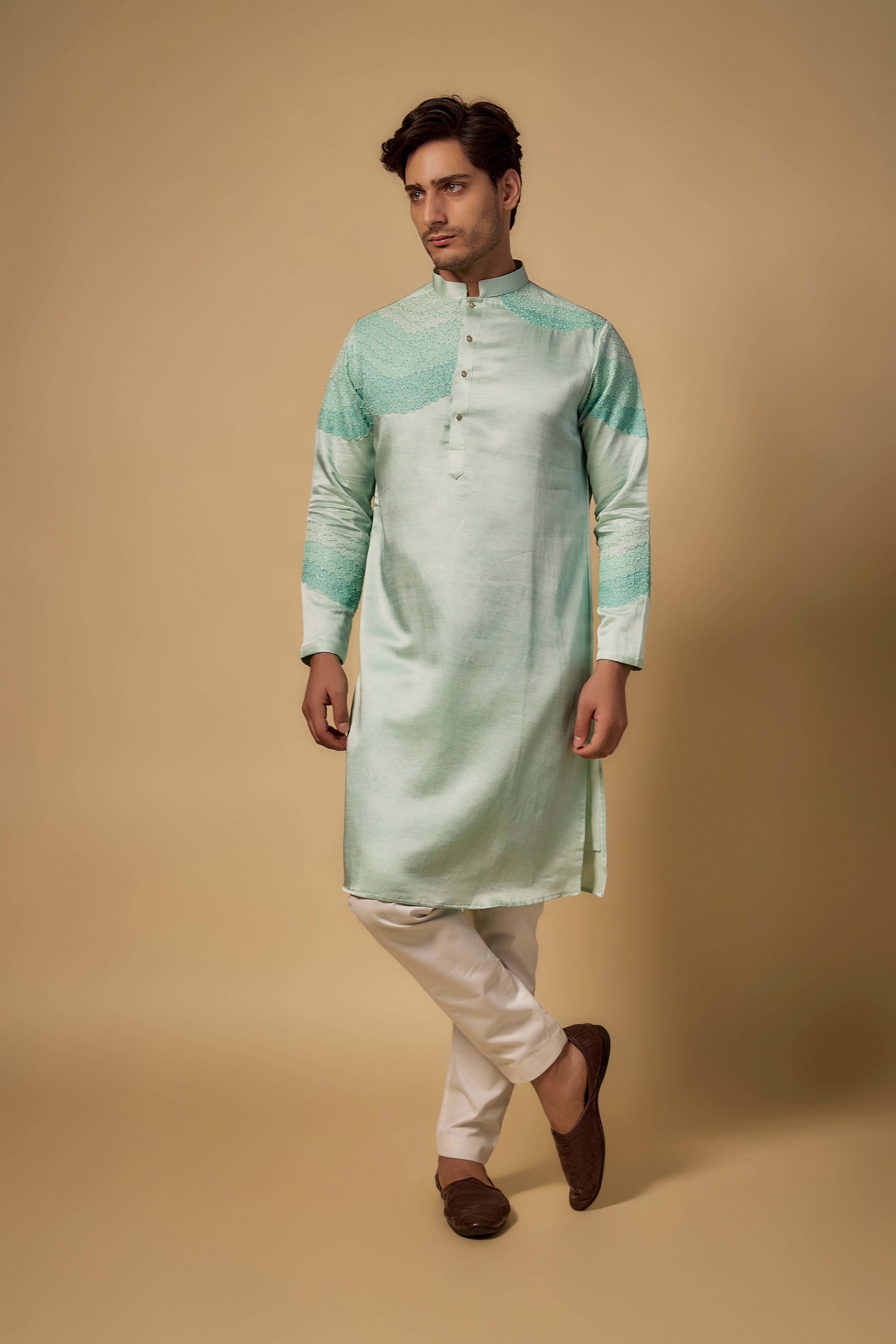 Sea Green Linen Silk Thread Embroidered Kurta Set