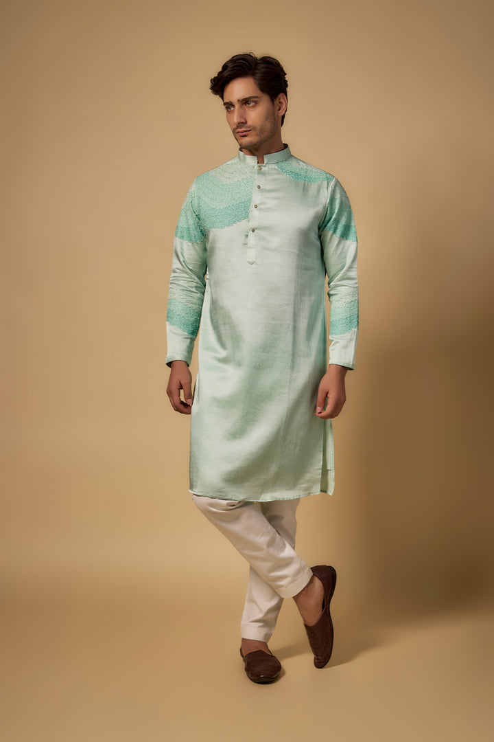 Abees Green cotton silk threadwork kurta set - front view