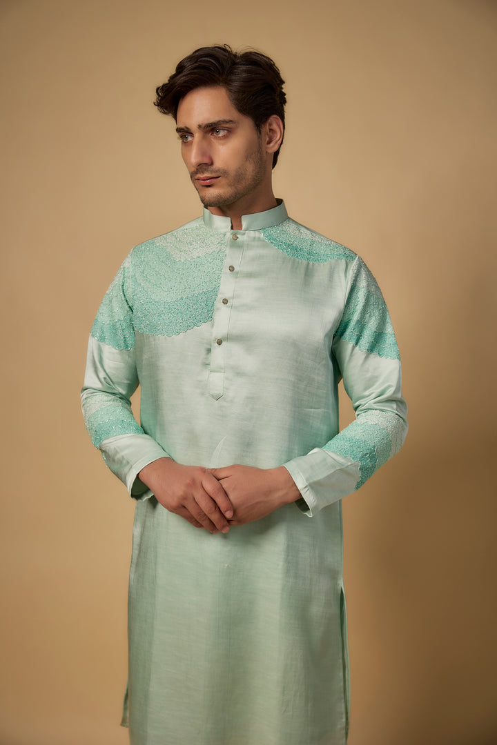 Abees Green cotton silk threadwork kurta set - back view
