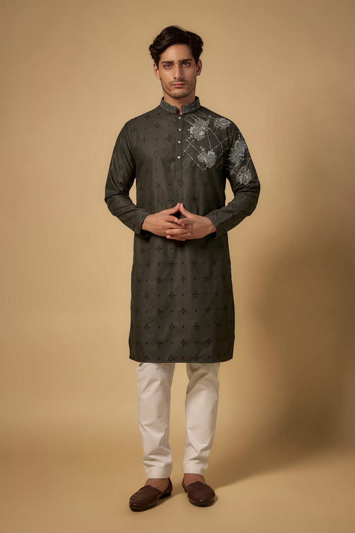 Abees Green cotton silk printed embroidered kurta set - front view