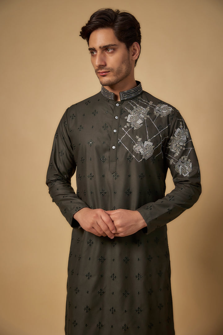 Abees Green cotton silk printed embroidered kurta set - back view