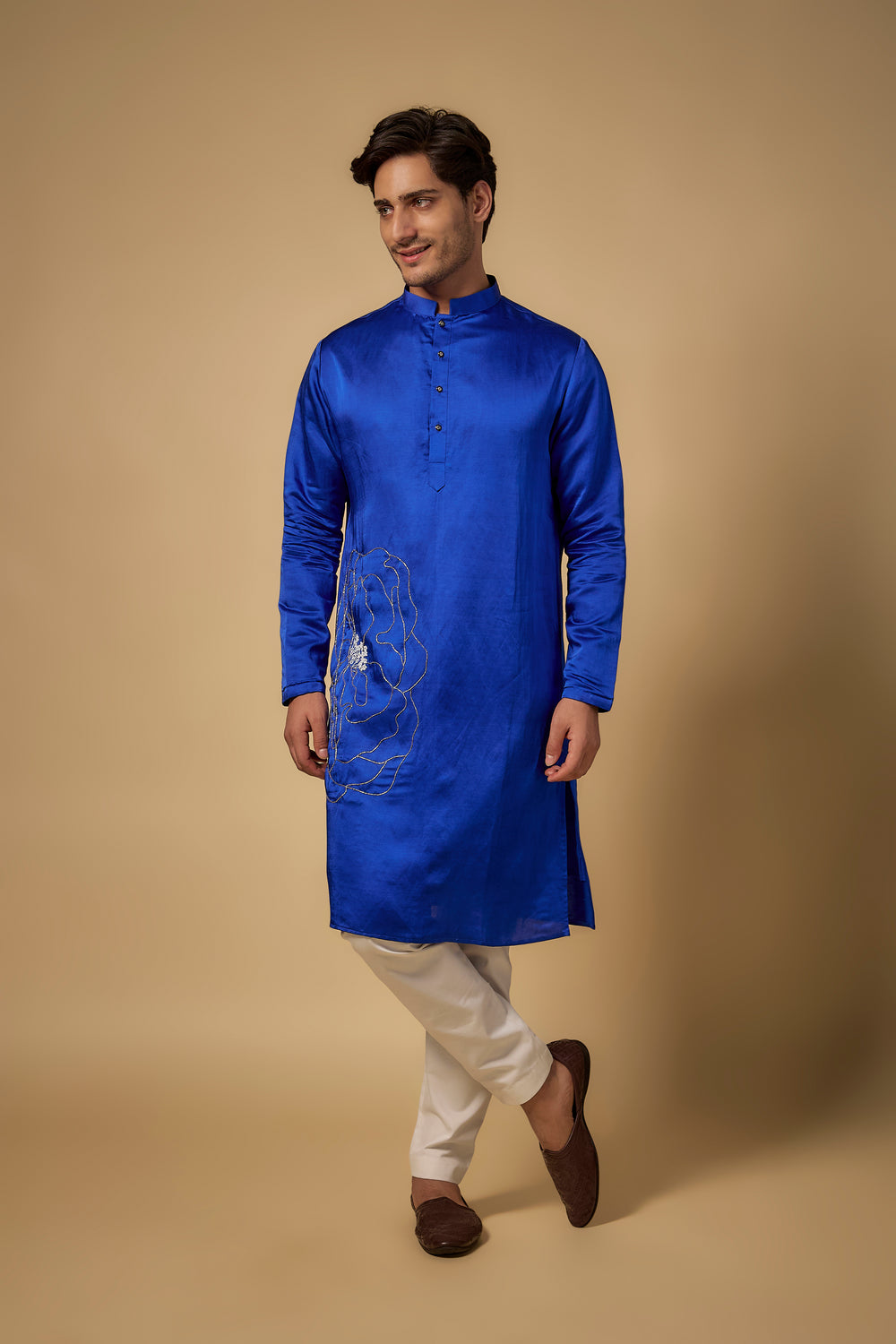 Abees Blue linen hand embroidered kurta set - front view