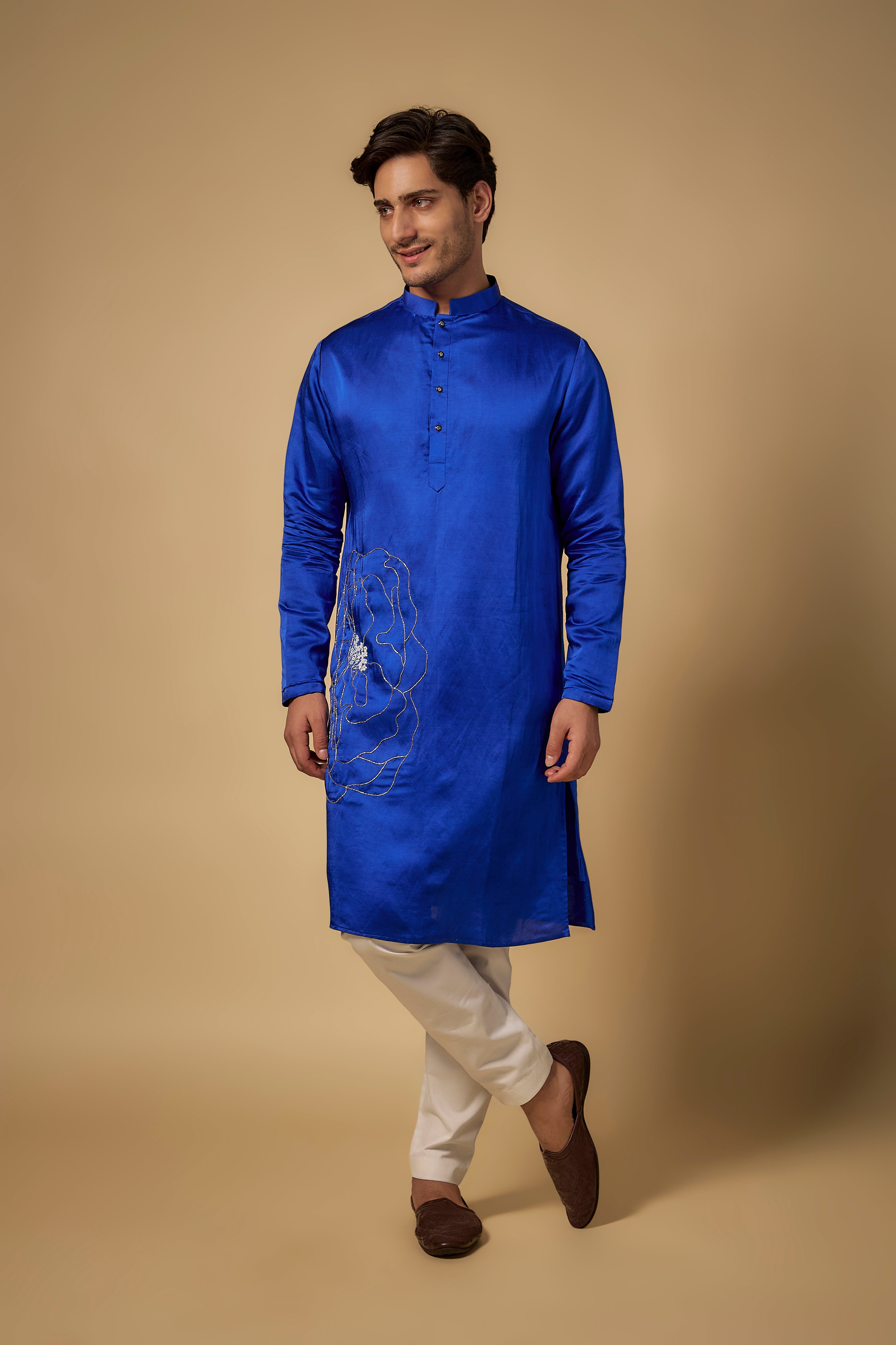 Royal Blue Linen Silk Hand Embroidered Kurta Set