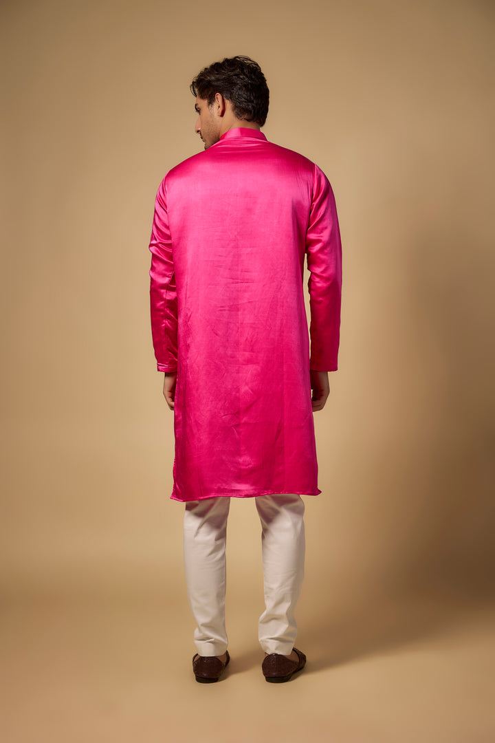 Abees Pink cotton silk hand embroidered kurta set - side view