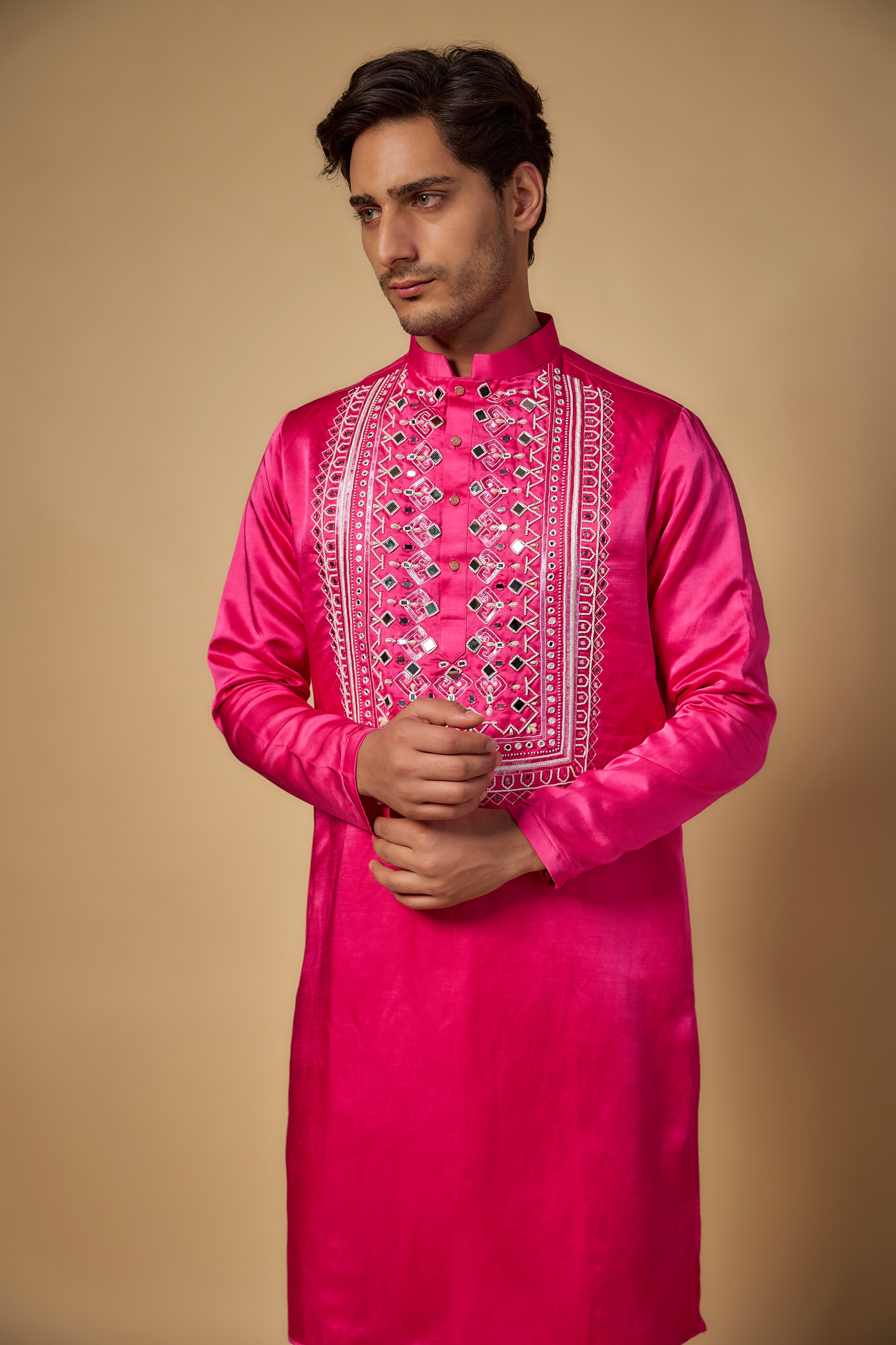 Magenta Linen Silk Hand Embroidered Kurta Set