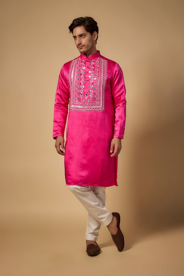 Abees Pink cotton silk hand embroidered kurta set - front view