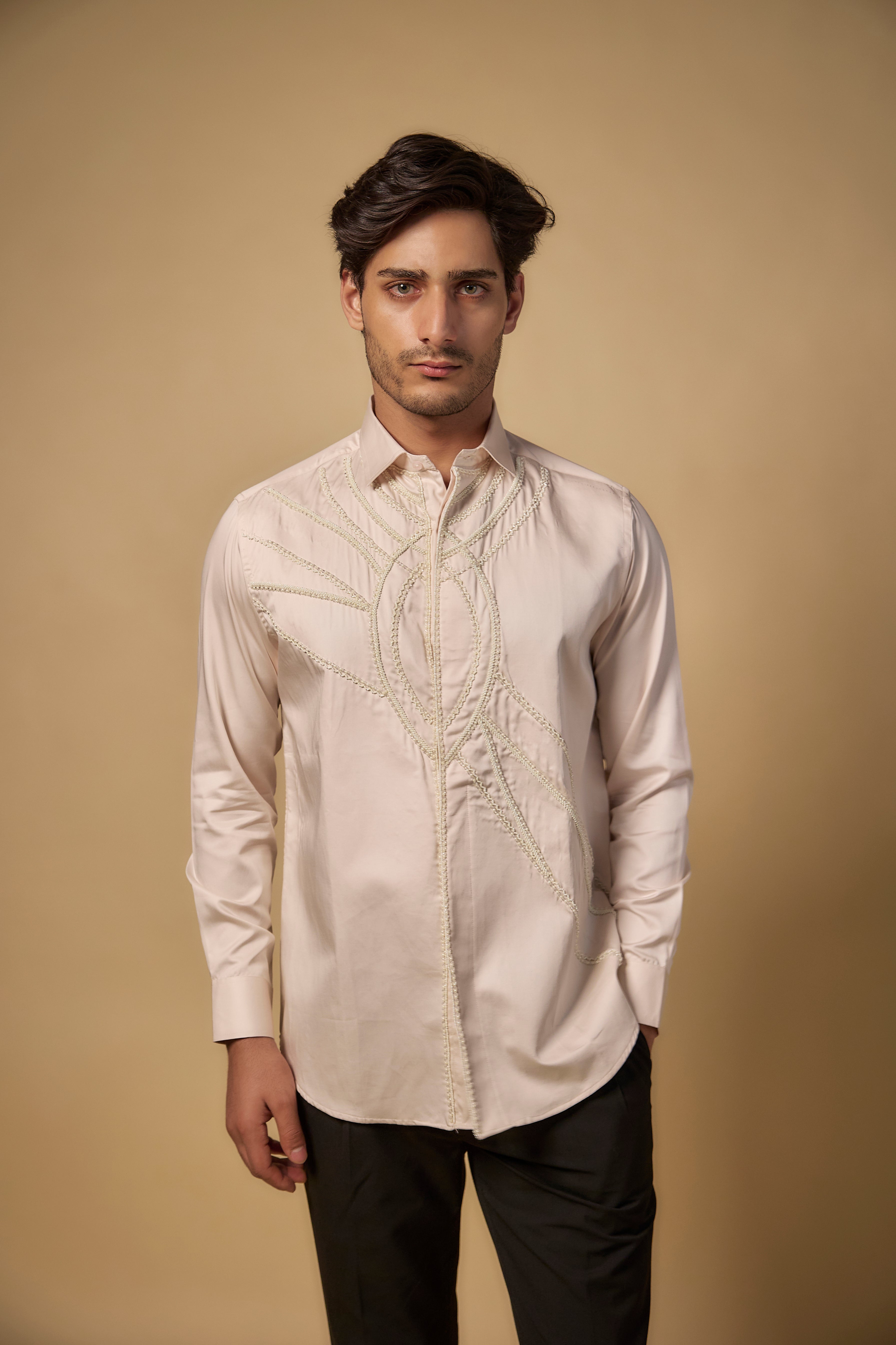 Pearl Ivory Pure Satin Cotton Hand Embroidered Shirt