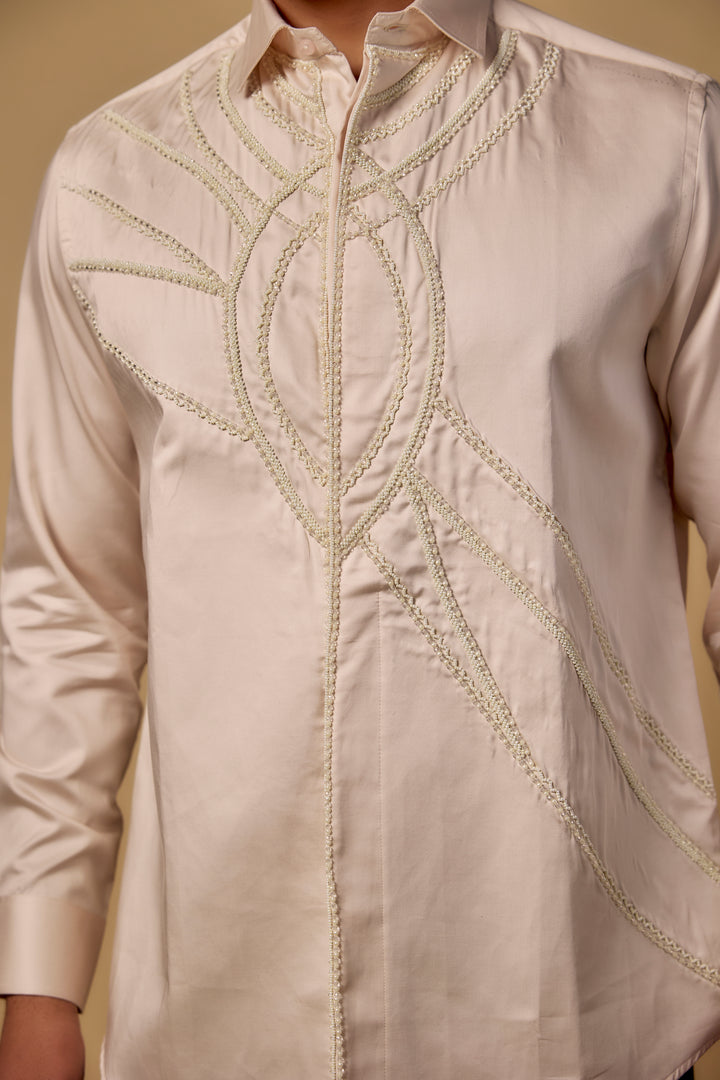 Pearl Ivory Pure Satin Cotton Hand Embroidered Shirt