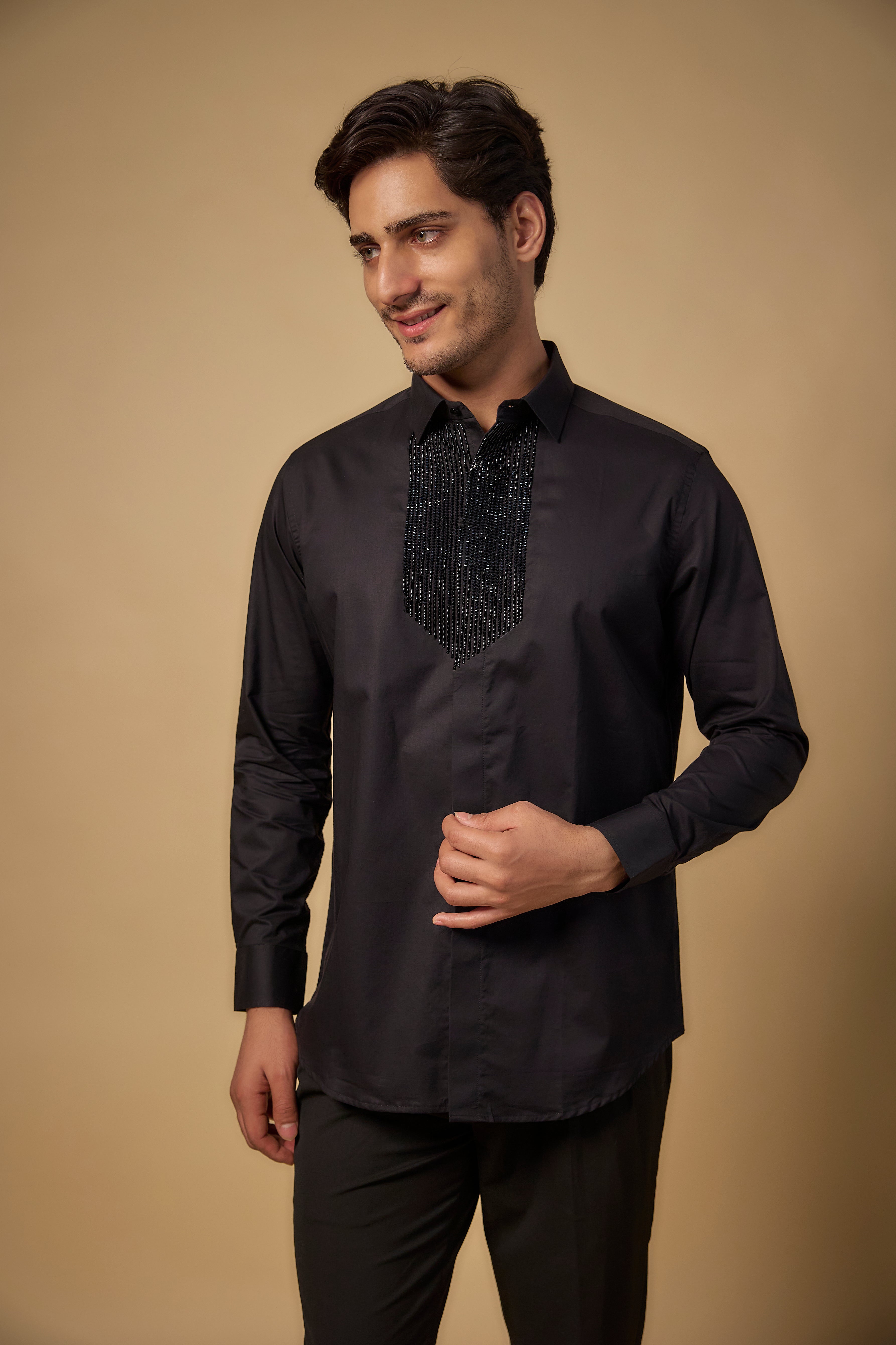 Black Pure Satin Cotton Cutdana Hand Embroidered Shirt