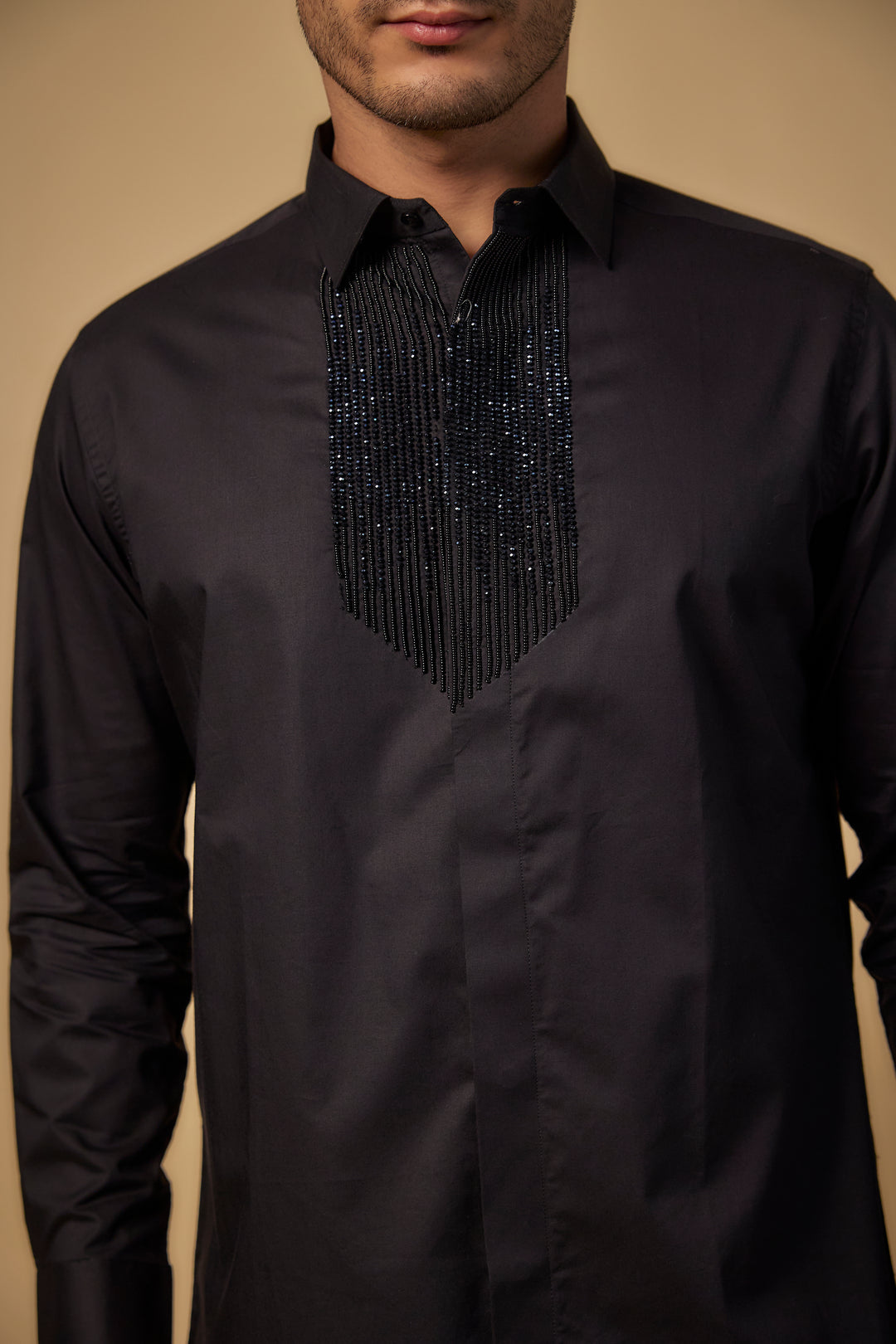 Black Pure Satin Cotton Cutdana Hand Embroidered Shirt