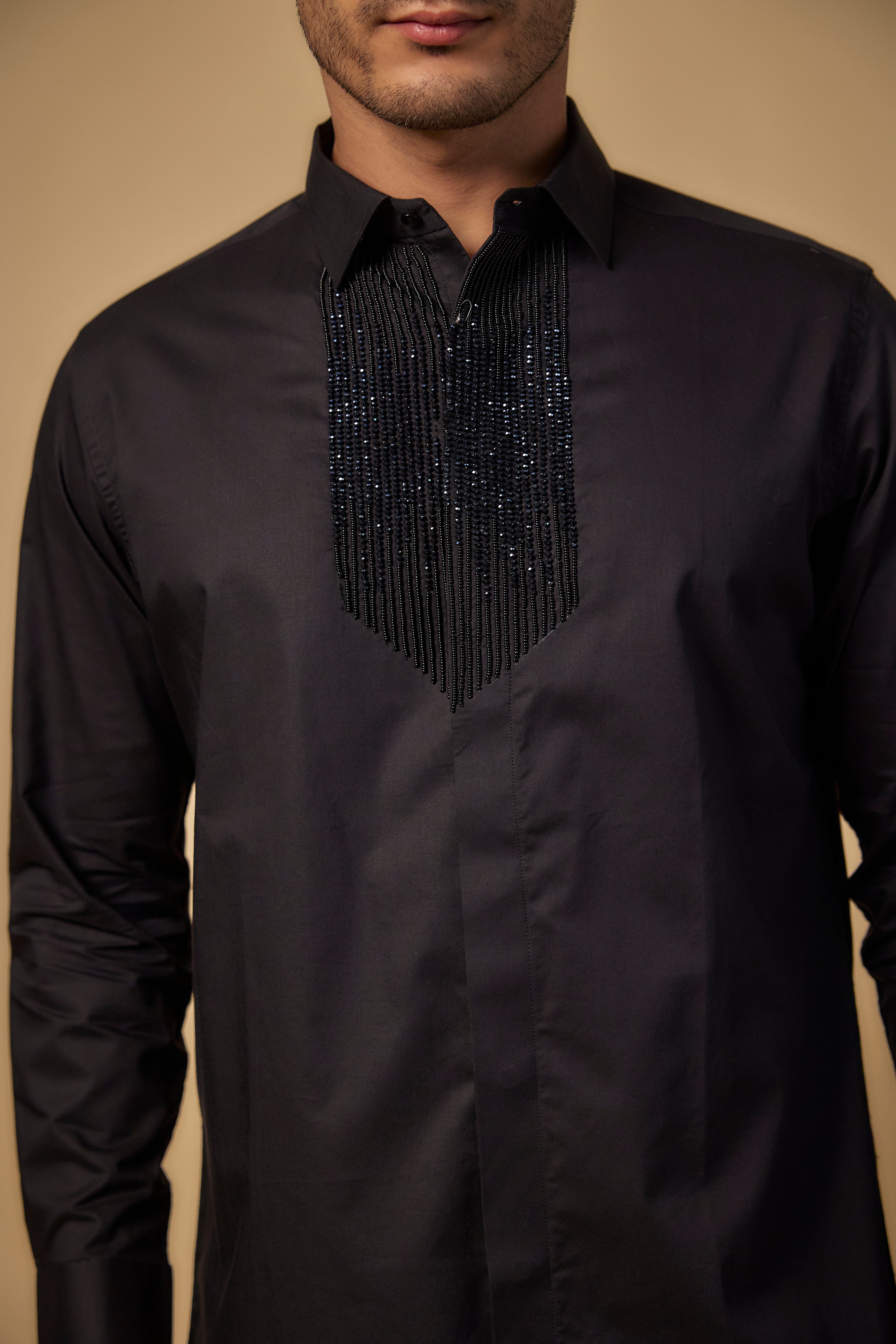 Black Pure Satin Cotton Cutdana Hand Embroidered Shirt
