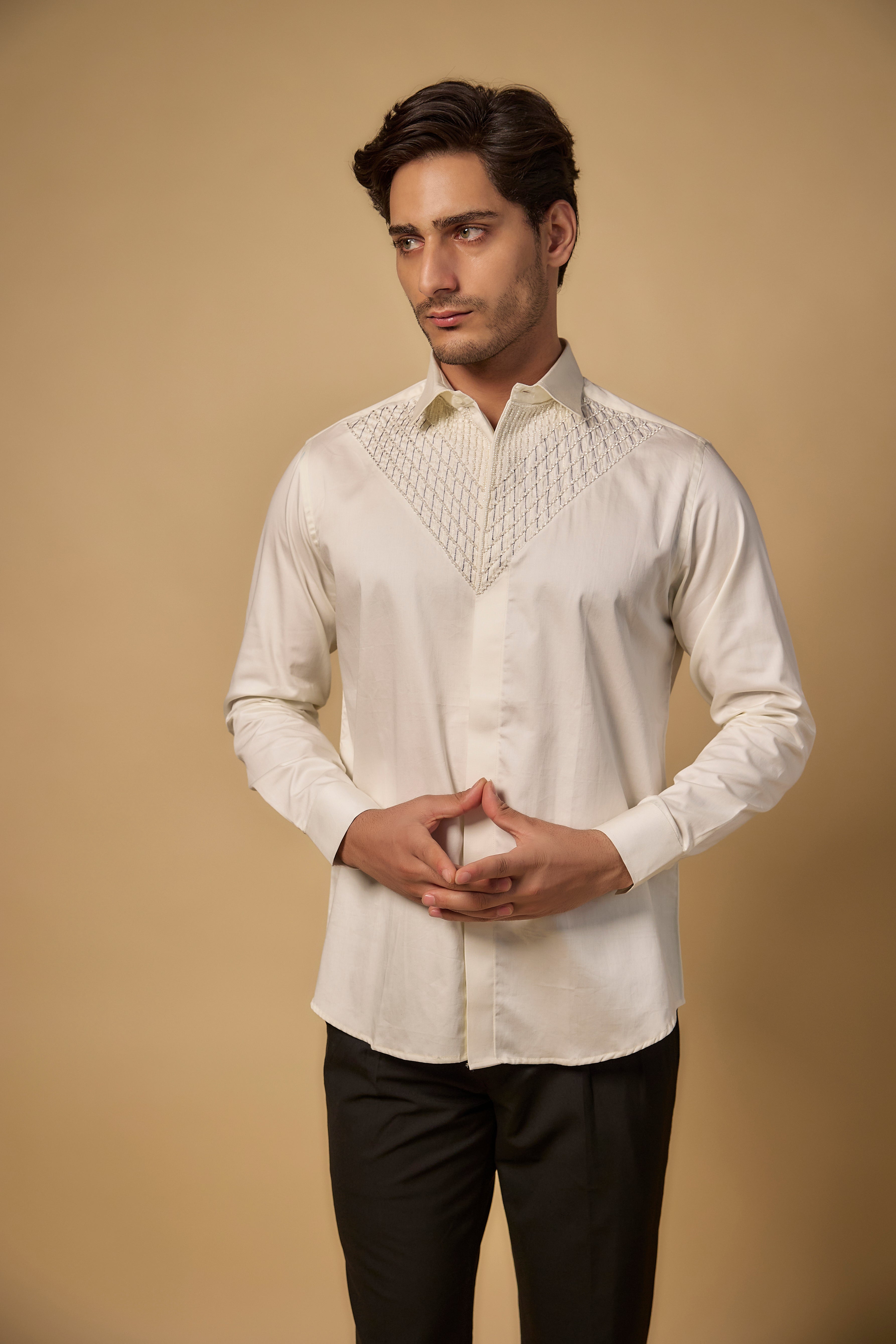 Pearl Ivory Pure Satin Cotton Pearl Hand Work Shirt