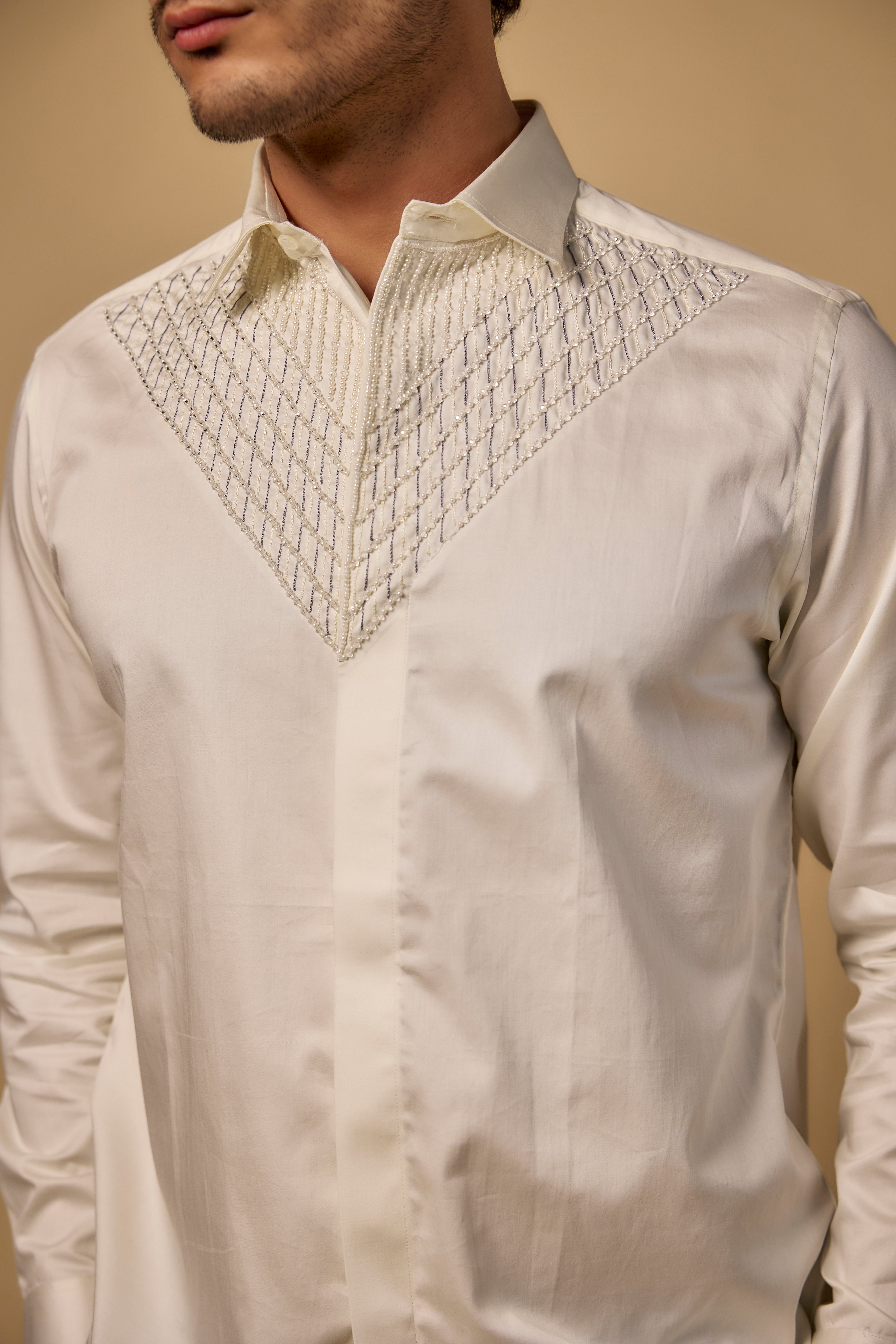 Pearl Ivory Pure Satin Cotton Pearl Hand Work Shirt