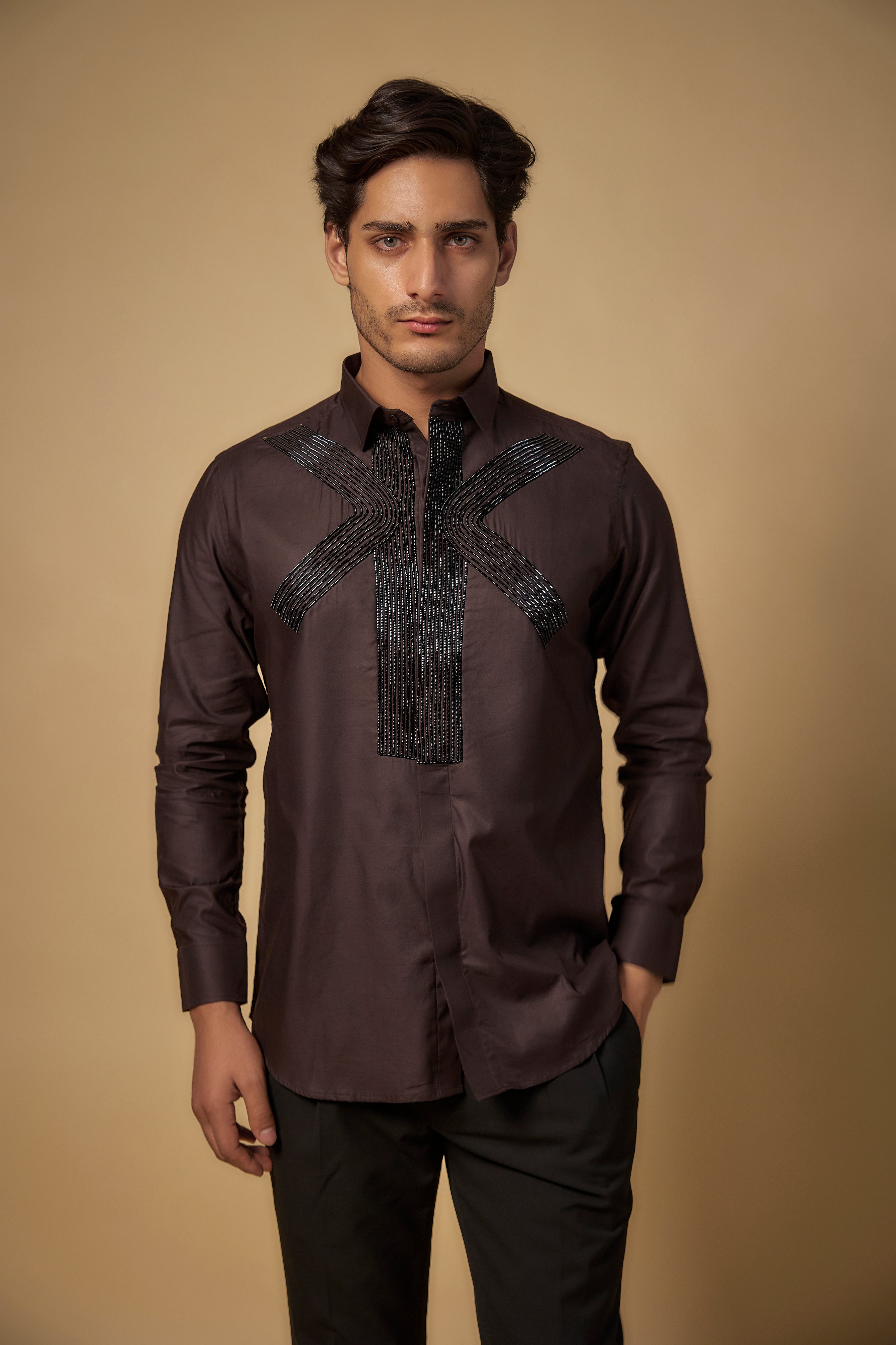 Brown Pure Satin Cotton Cutdana Hand Embroidered Shirt