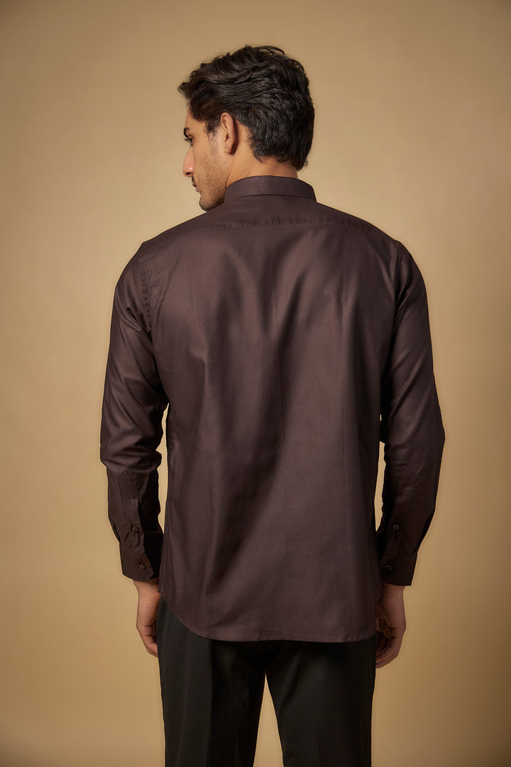 Brown Pure Satin Cotton Cutdana Hand Embroidered Shirt