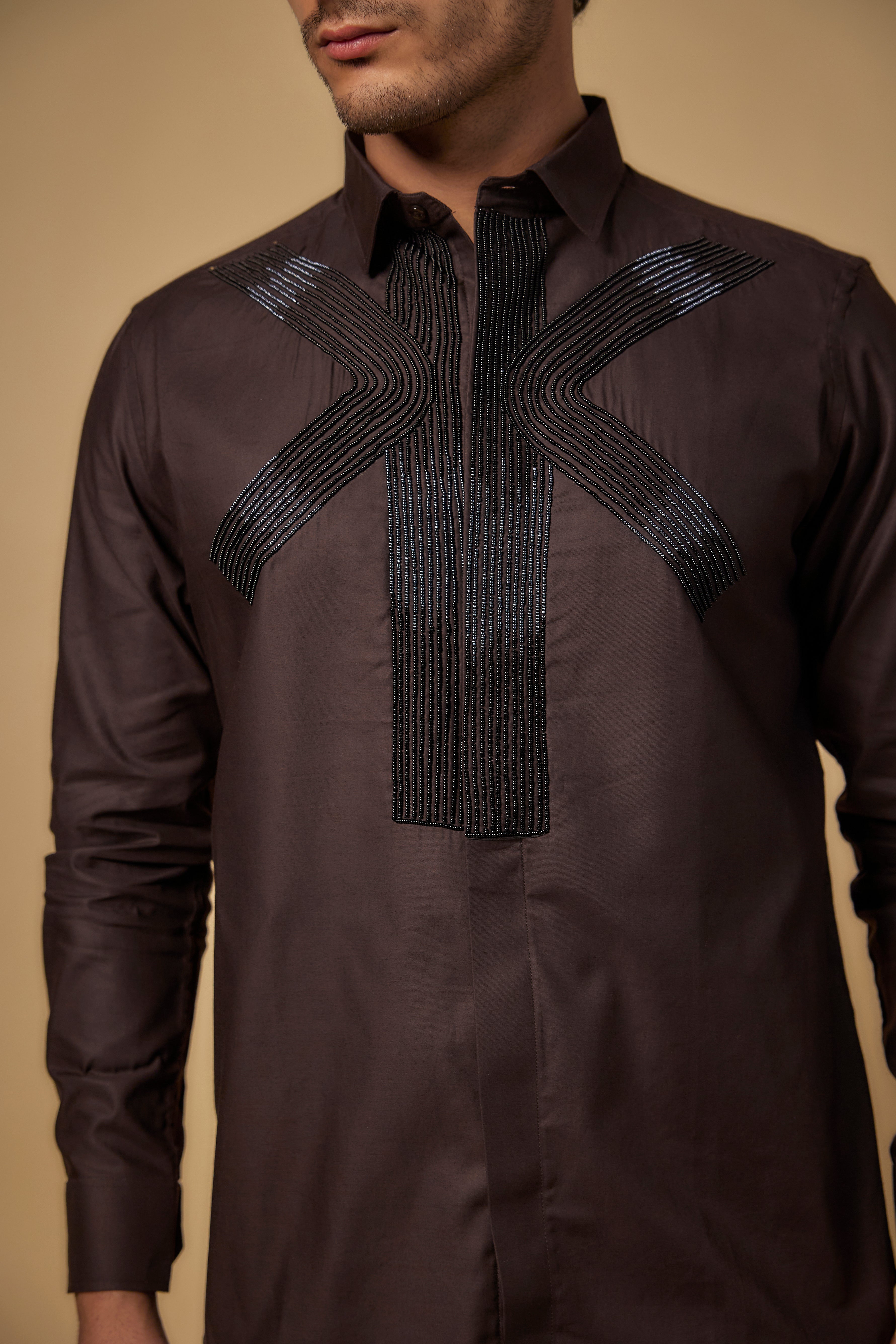 Brown Pure Satin Cotton Cutdana Hand Embroidered Shirt