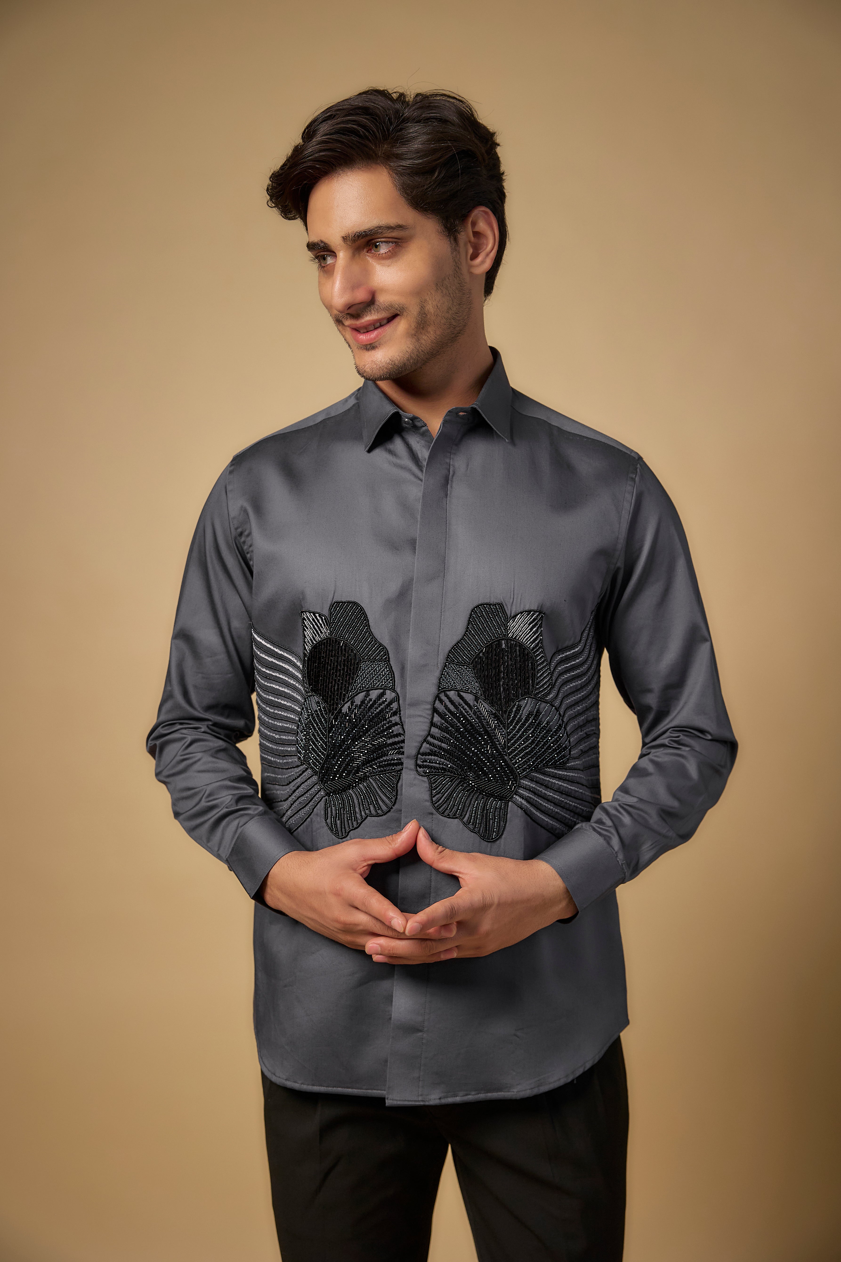 Grey Pure Satin Cotton Cutdana Hand Embroidered Shirt