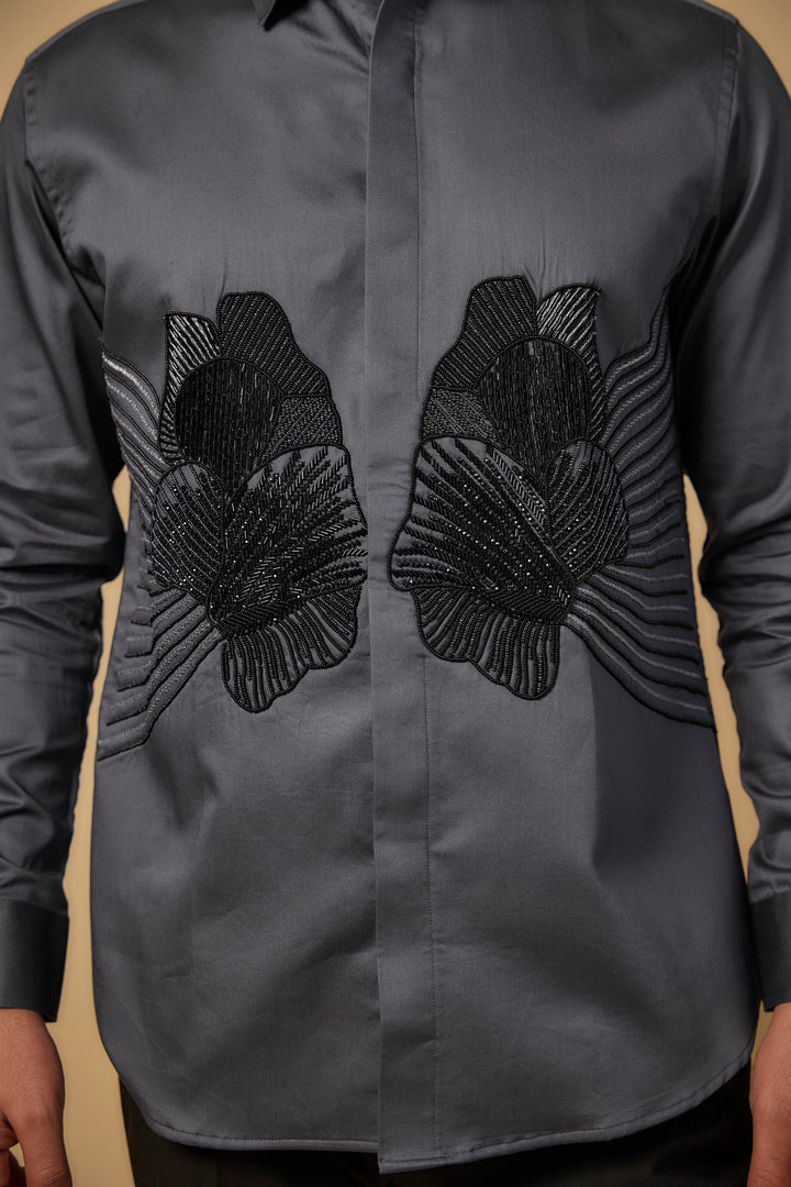 Grey Pure Satin Cotton Cutdana Hand Embroidered Shirt