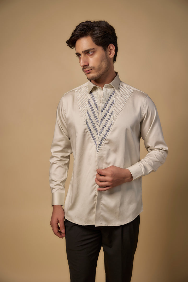 Gold Pure Satin Cotton Pearl Hand Work Shirt