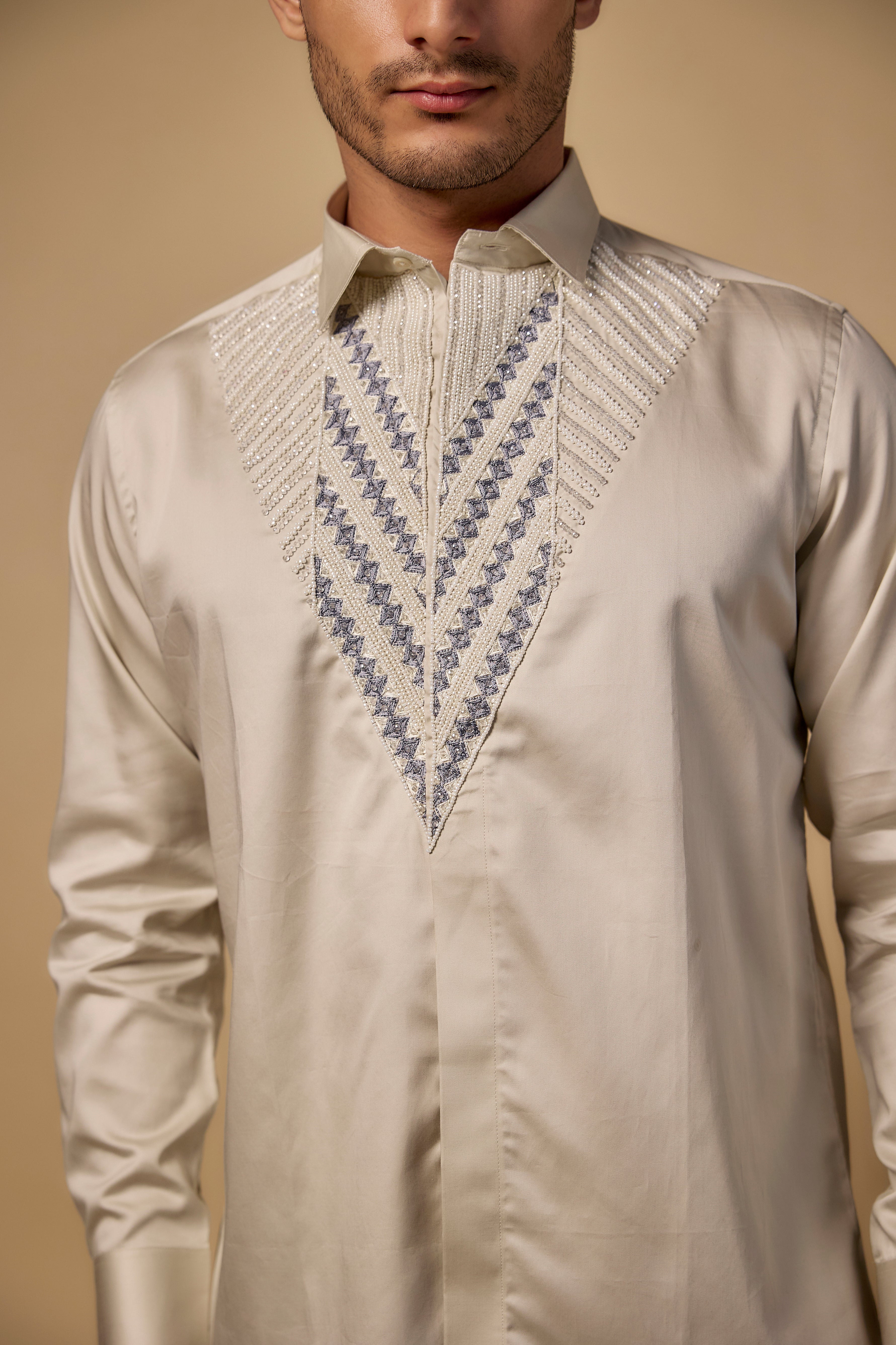 Gold Pure Satin Cotton Pearl Hand Work Shirt