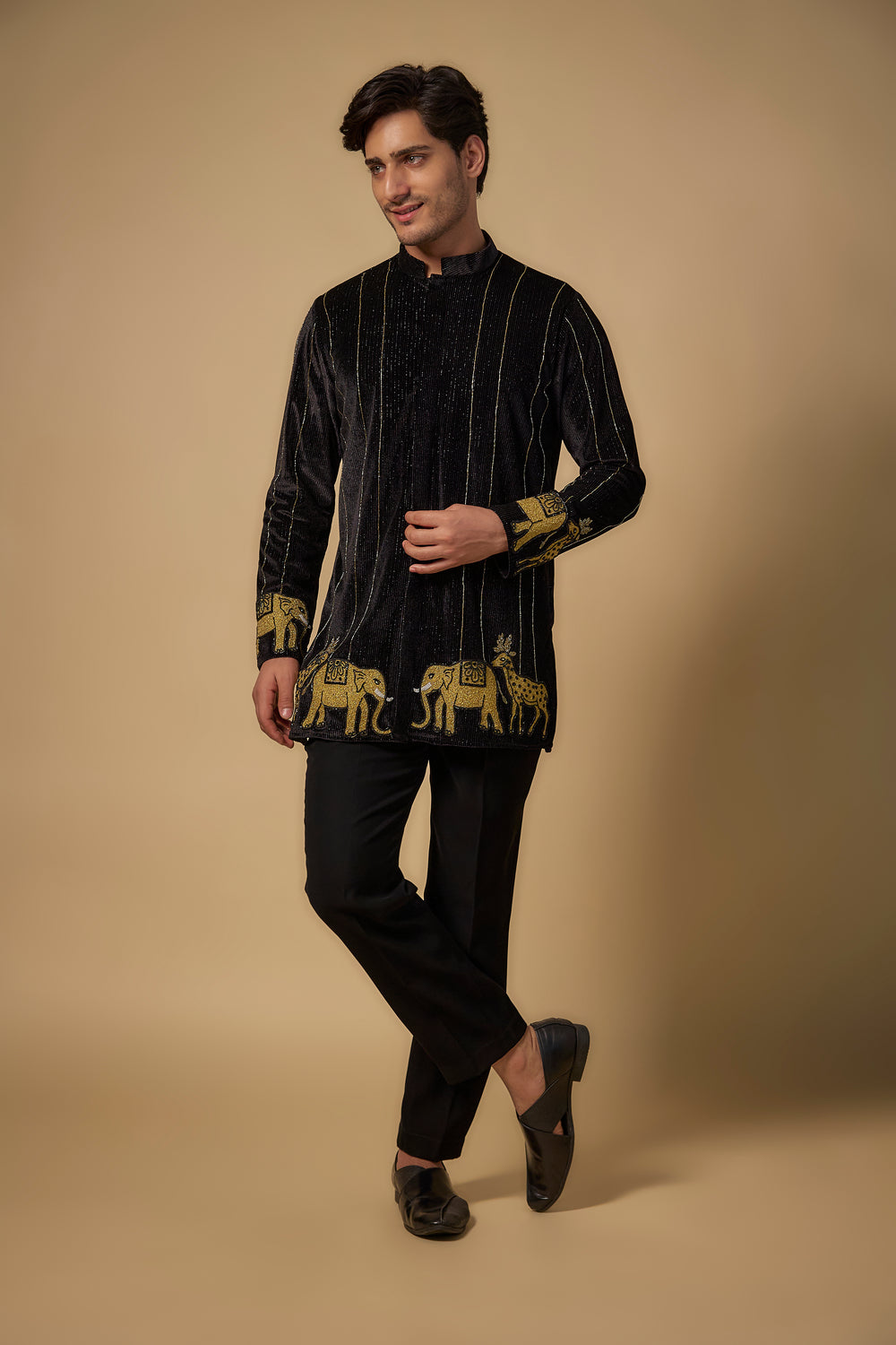 Abees Black velvet zardosi embroidered kurta set - front view