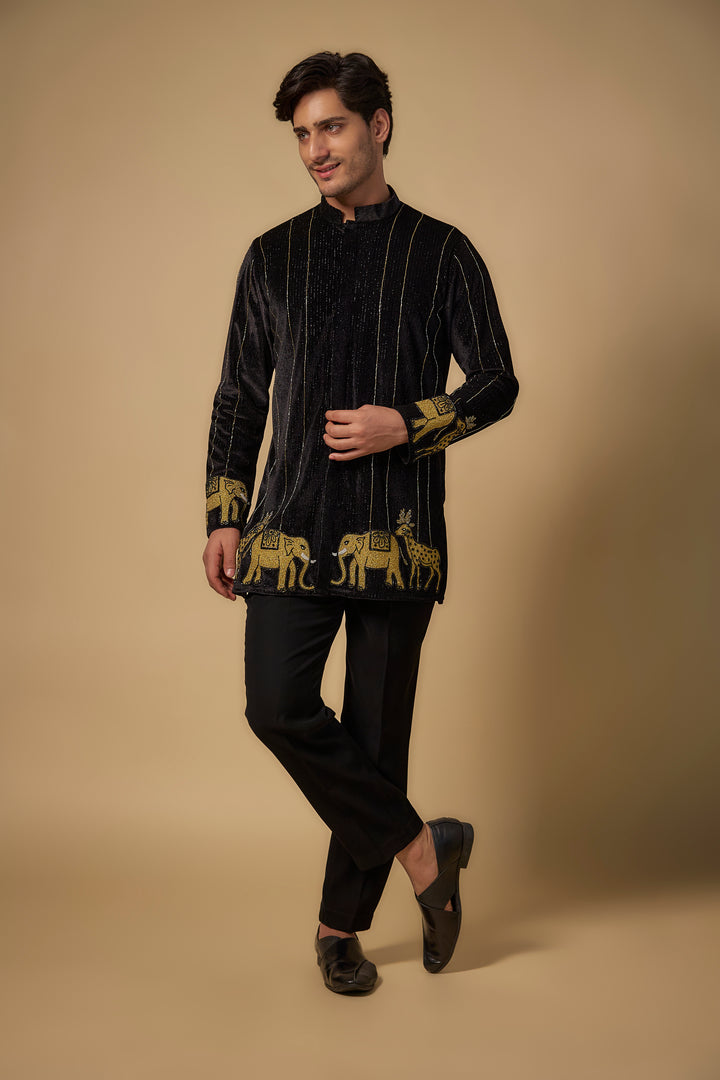 Abees Black velvet zardosi embroidered kurta set - front view