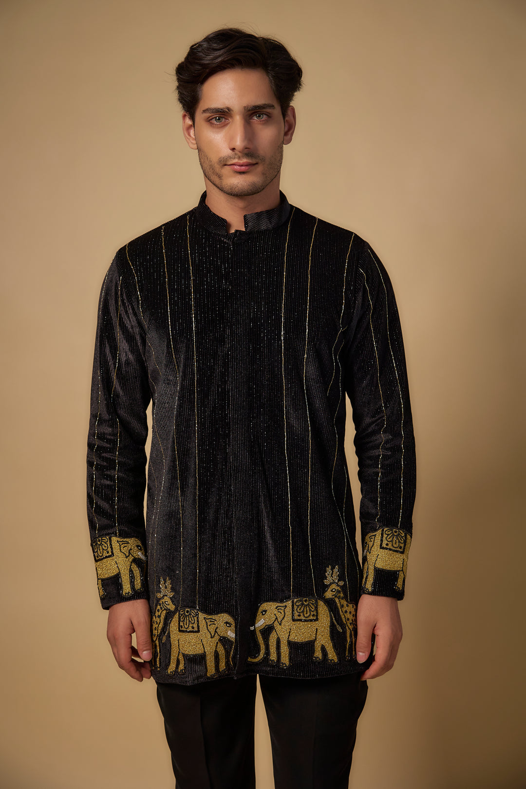 Abees Black velvet zardosi embroidered kurta set - back view