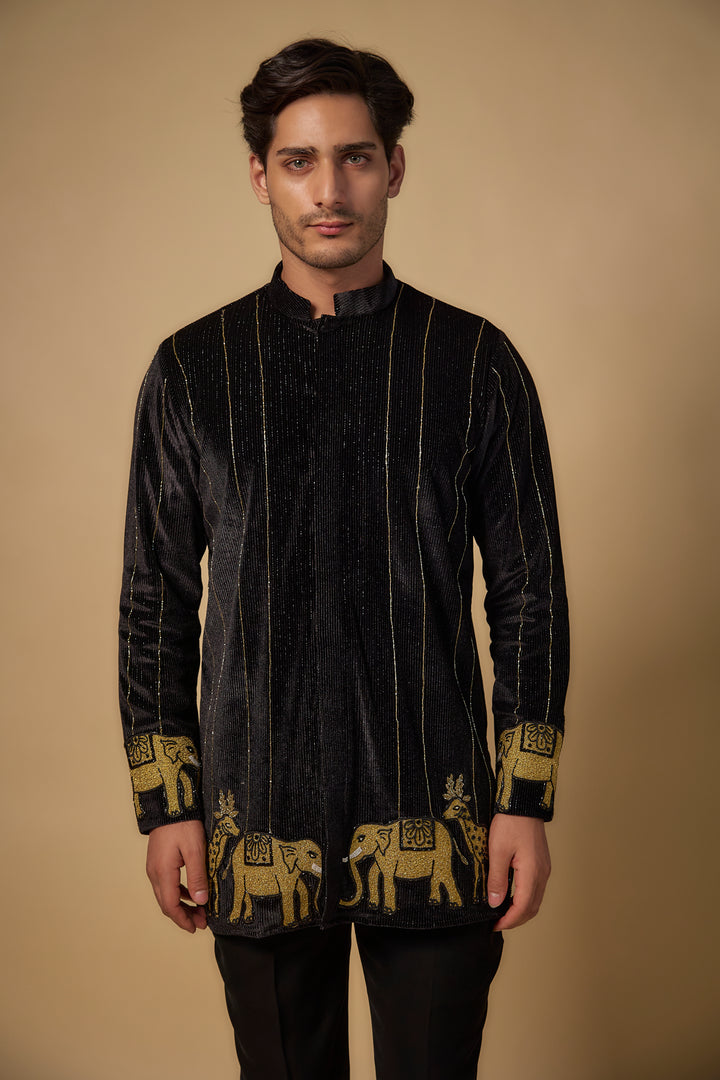 Abees Black velvet zardosi embroidered kurta set - back view