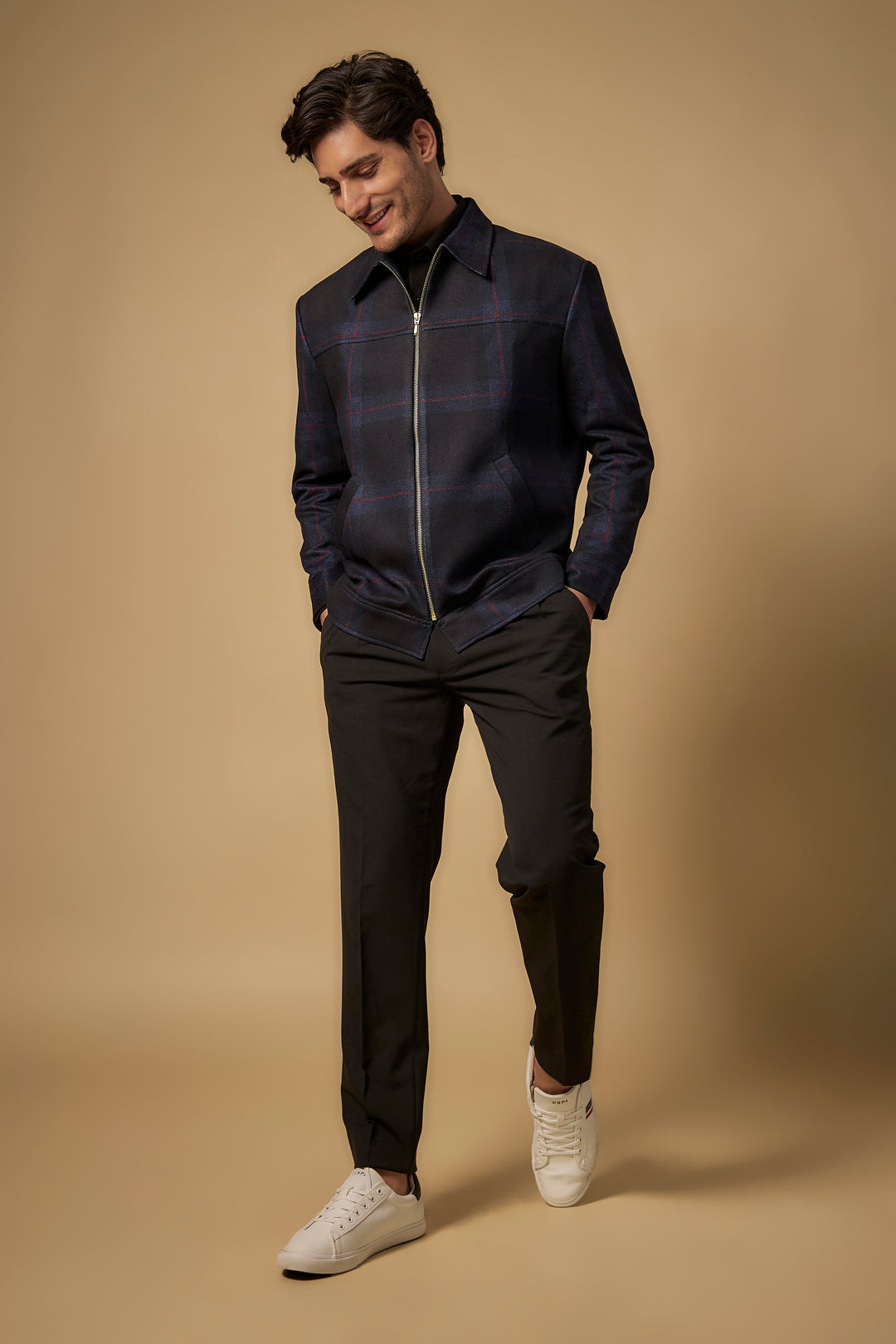 Abees Black tweed solid bomber blazer - back view
