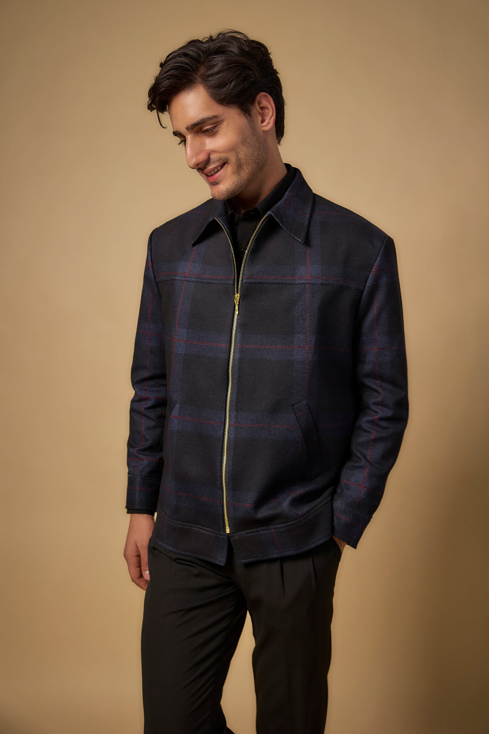 Abees Black tweed solid bomber blazer - front view