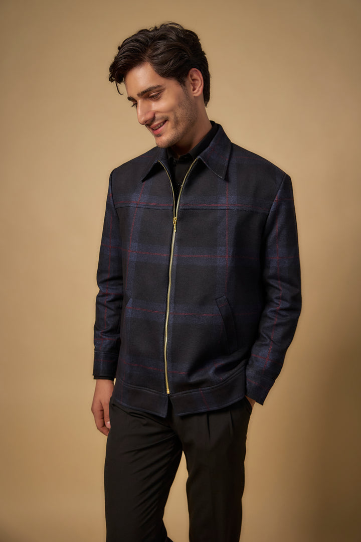 Abees Black tweed solid bomber blazer - front view