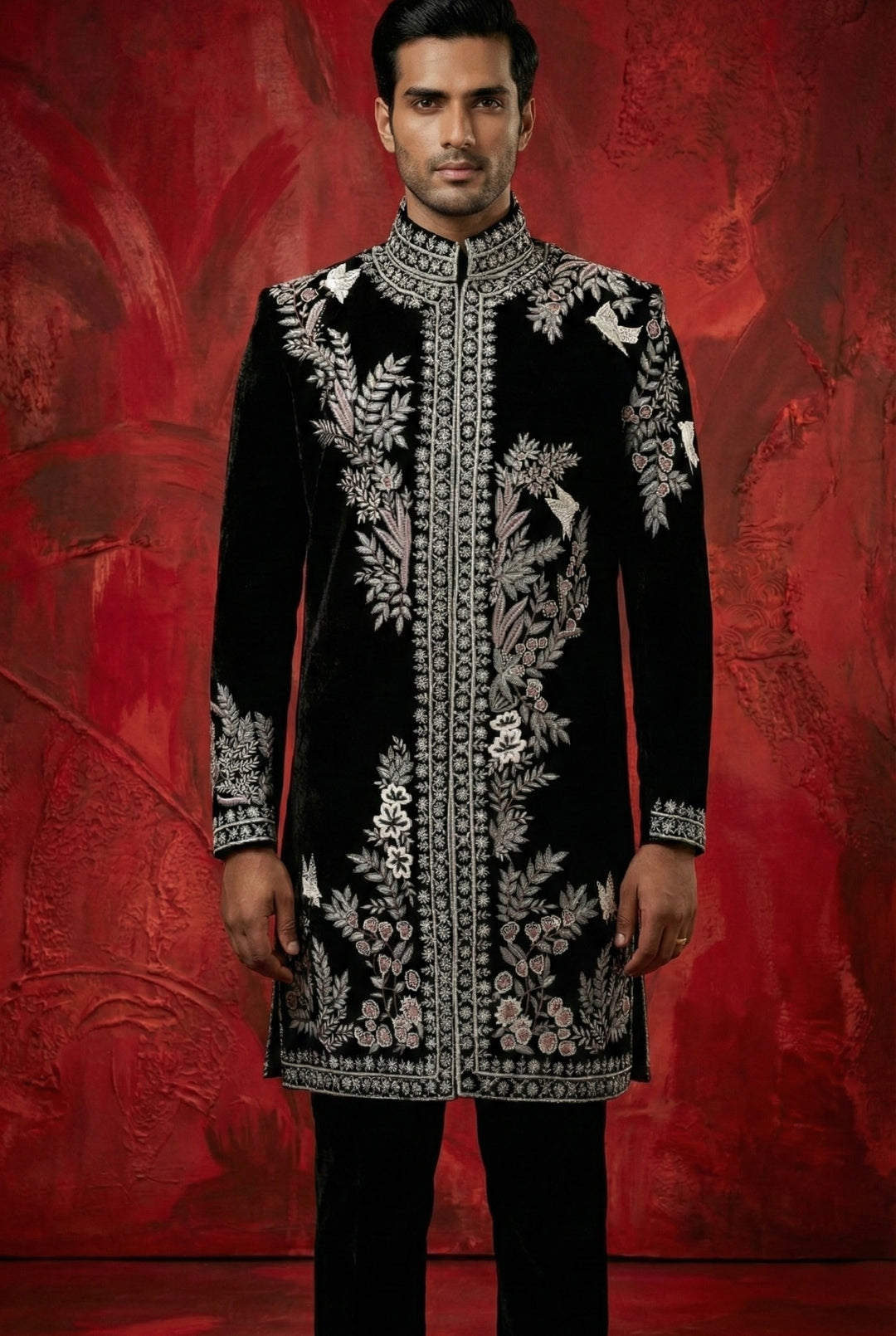 Abees Black hand embroidered sherwani set - detail view 2