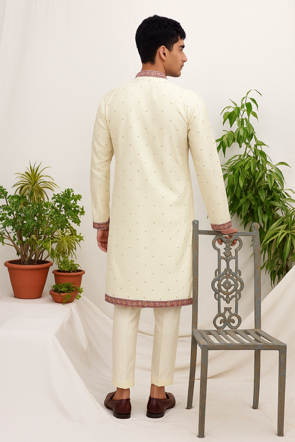 Ivory Floral Embroidered Kurta for Men – Wedding & Festive Wear