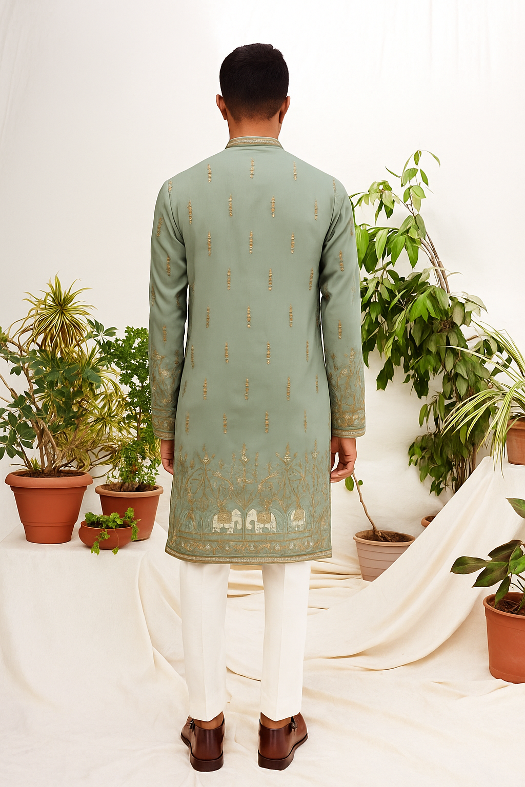 Sage Green Embroidered Kurta for Men – Heritage Inspired Festive Wear