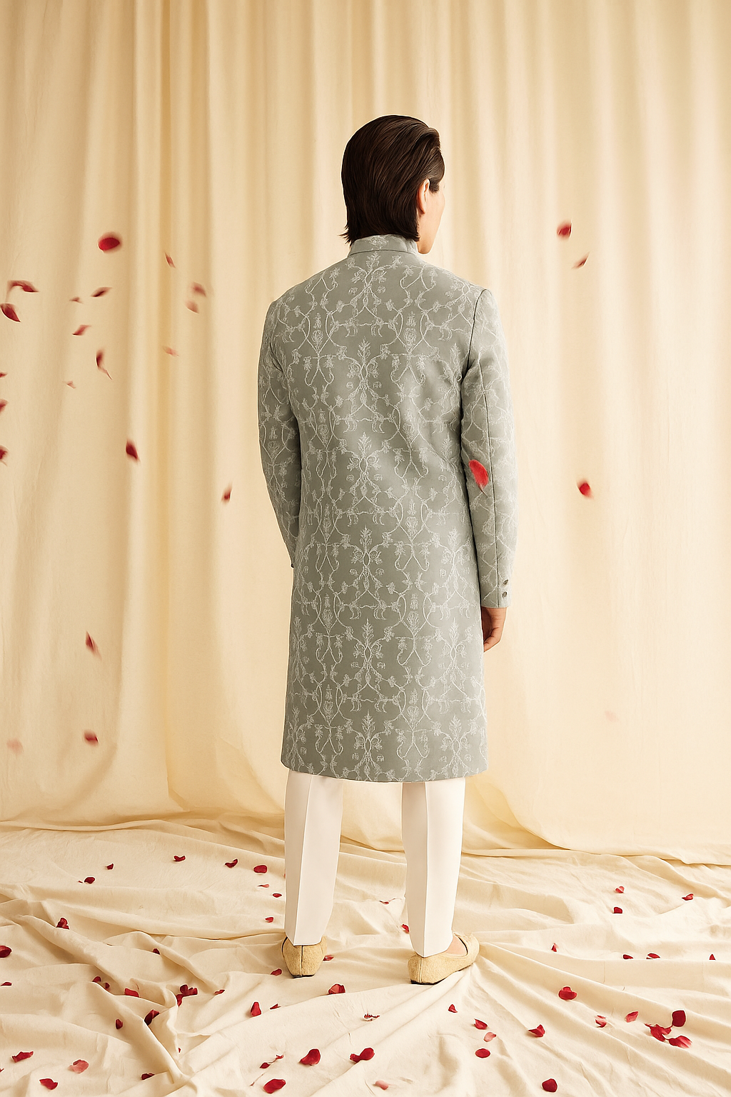 Soft Grey Embroidered Sherwani – Subtle & Elegant Wedding Wear for Men