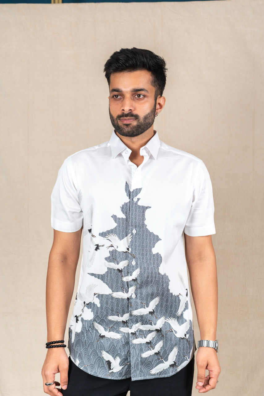 Soaring Cranes Printed Short-Sleeve Shirt
