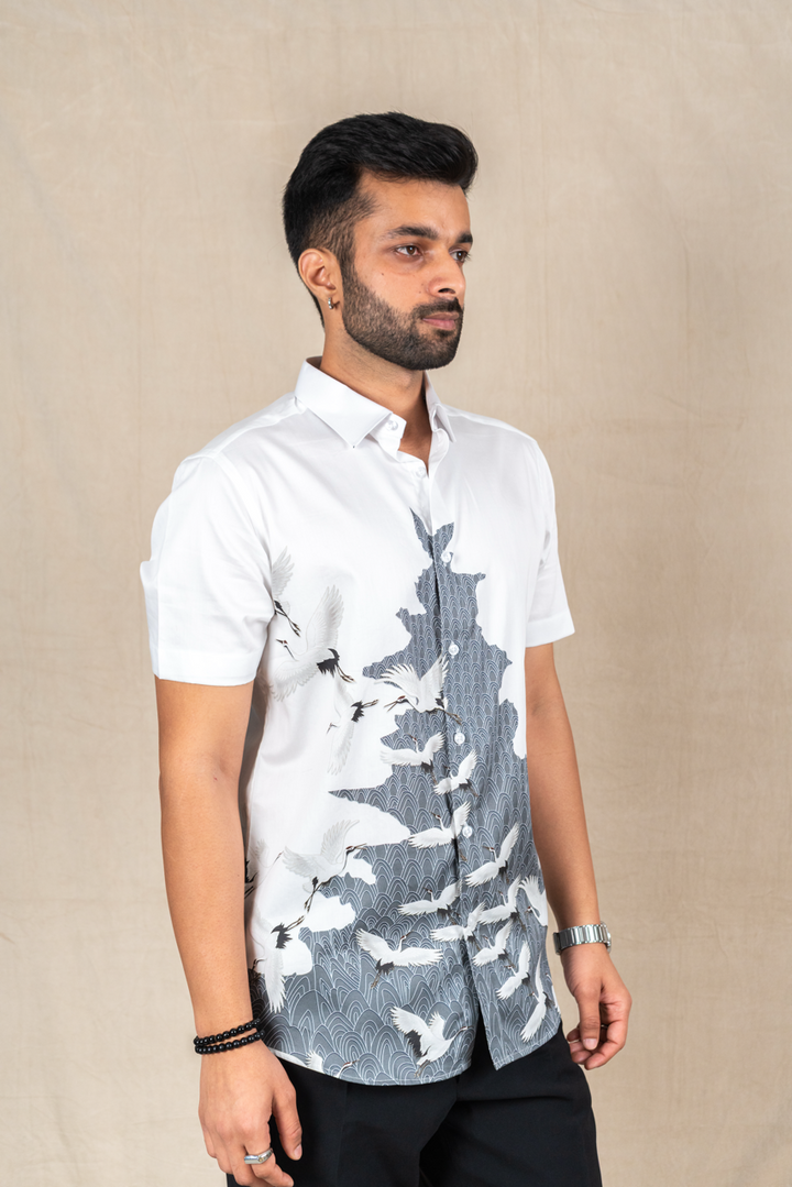 Soaring Cranes Printed Short-Sleeve Shirt
