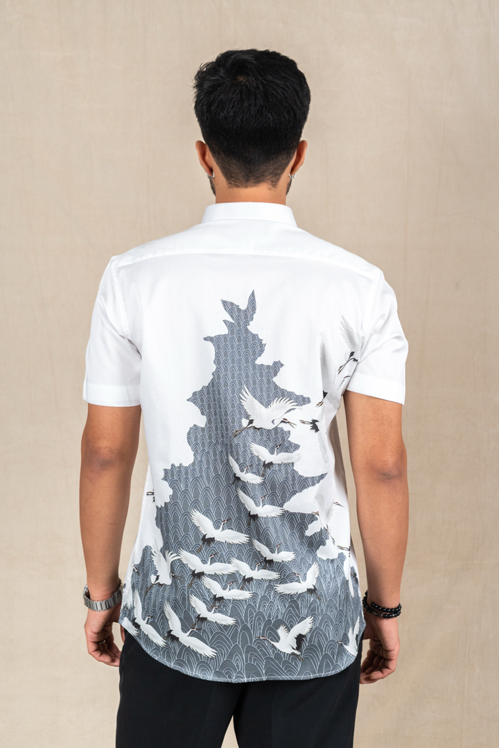 Soaring Cranes Printed Short-Sleeve Shirt