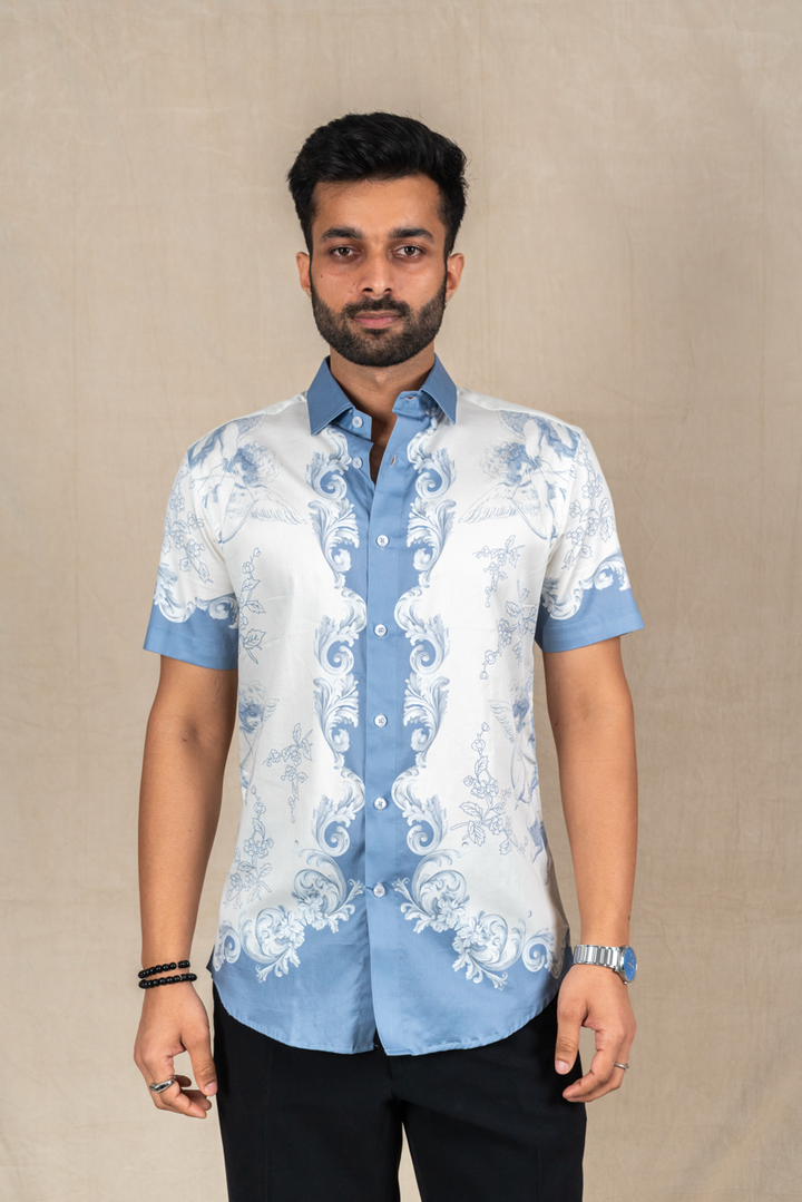 Azure Baroque Printed Short-Sleeve Shirt
