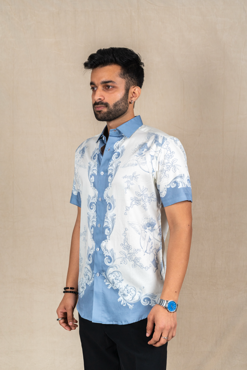 Azure Baroque Printed Short-Sleeve Shirt