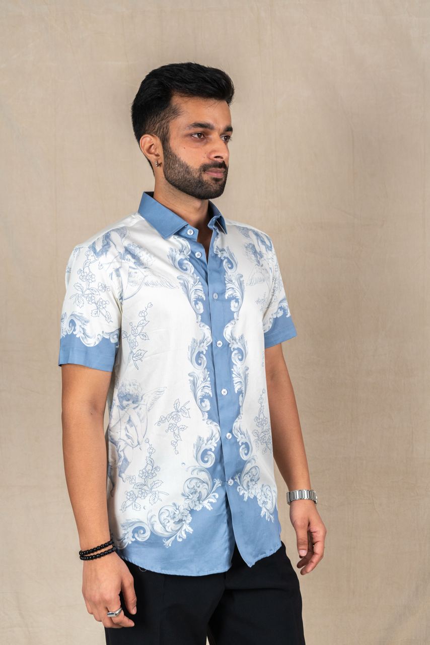 Azure Baroque Printed Short-Sleeve Shirt