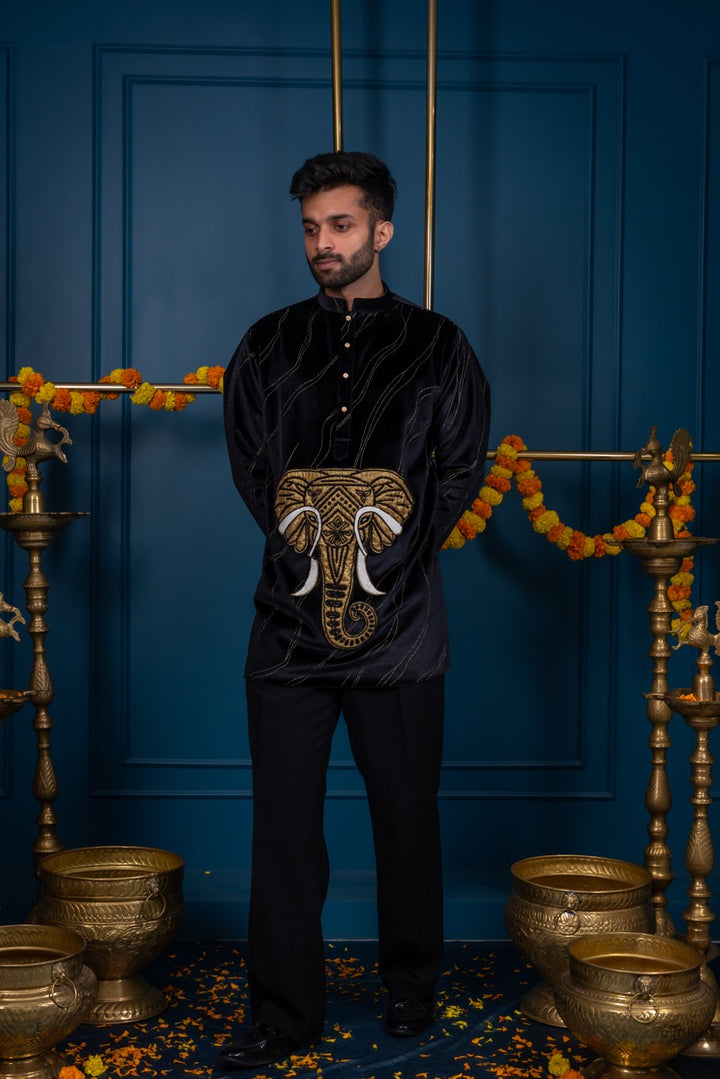 Abees Black embroidered kurta set with elephant embroidery - side view