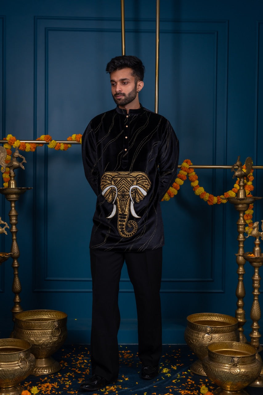 Black Kurta with Regal Elephant Embroidery