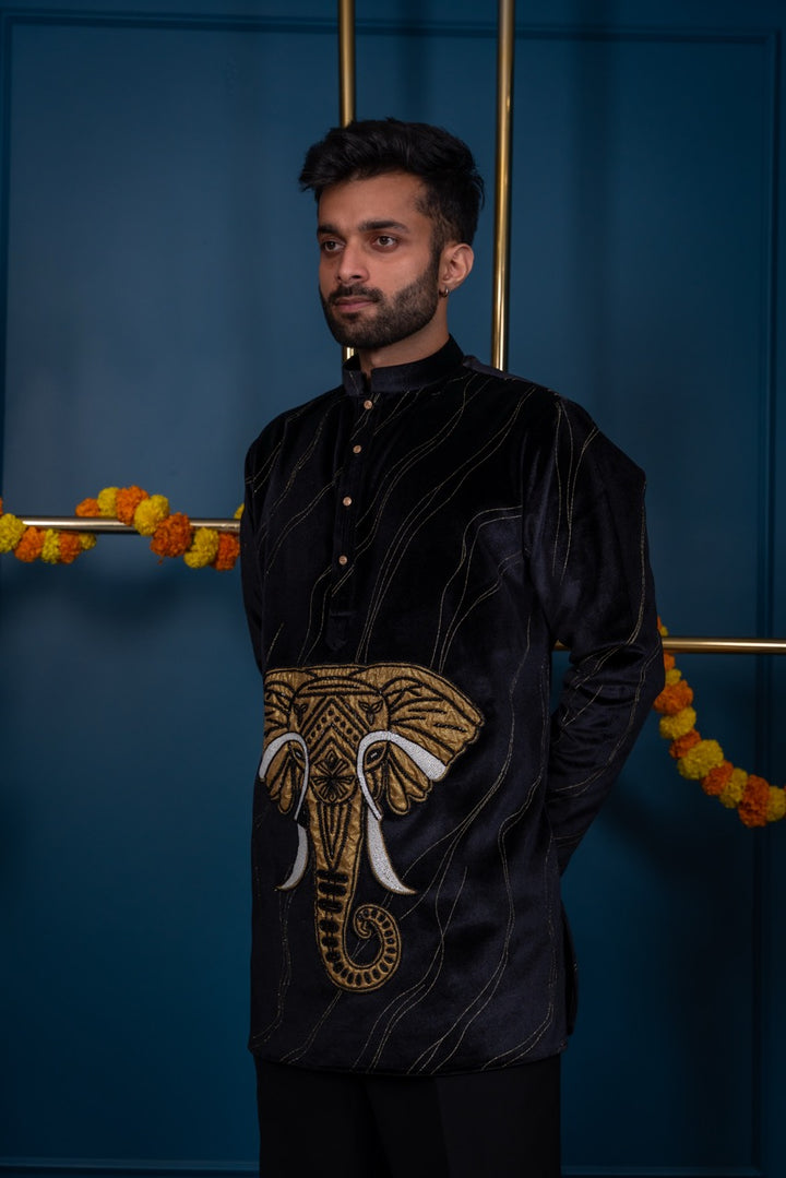 Abees Black embroidered kurta set with elephant embroidery - back view