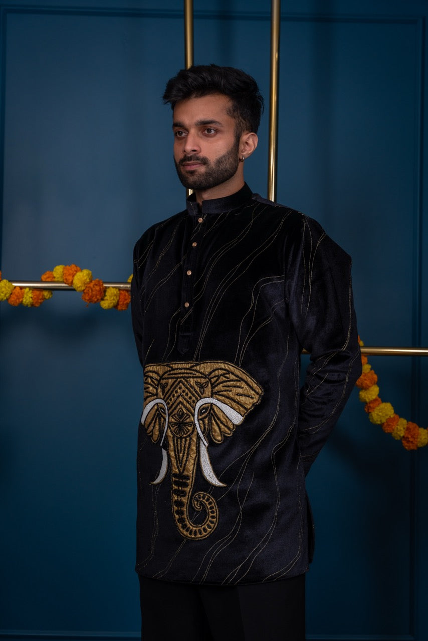 Black Kurta with Regal Elephant Embroidery