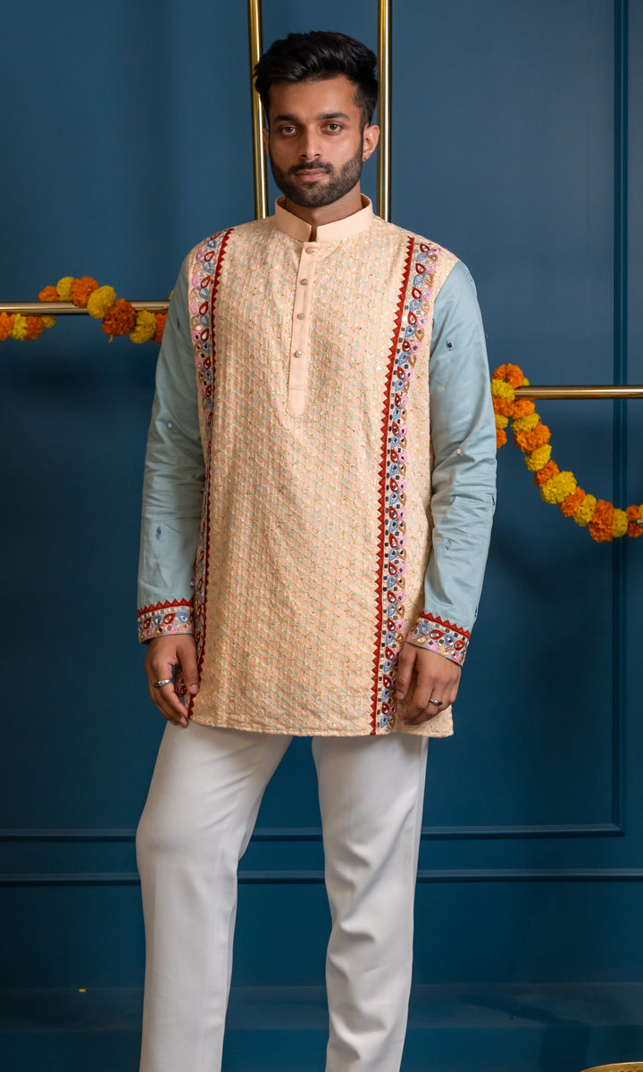 Abees Beige cotton silk embroidered kurta set - front view