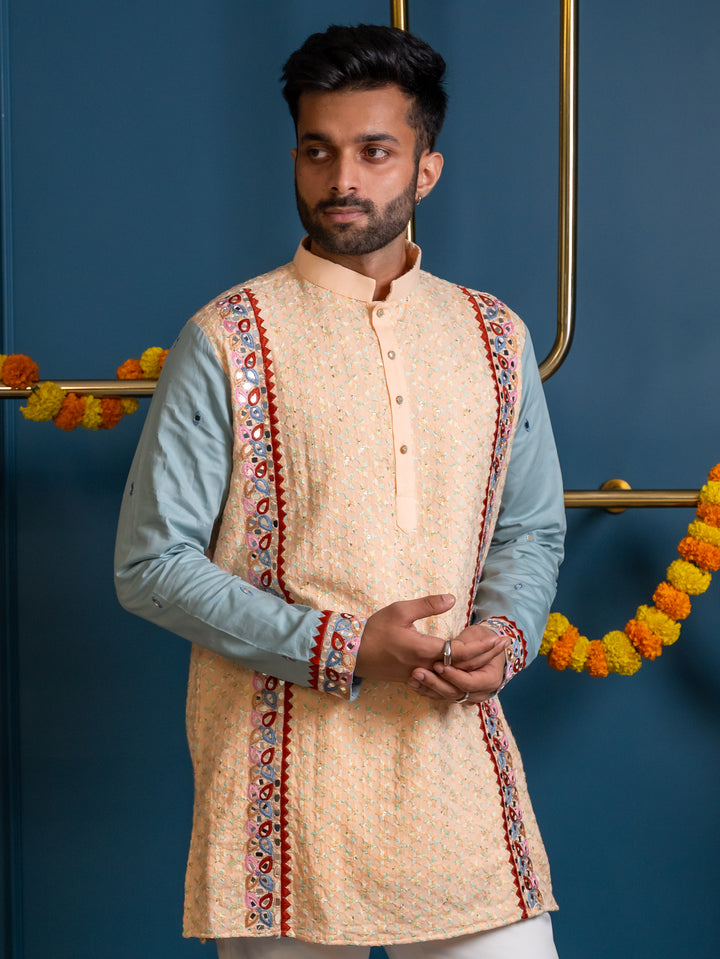 Abees Beige cotton silk embroidered kurta set - back view