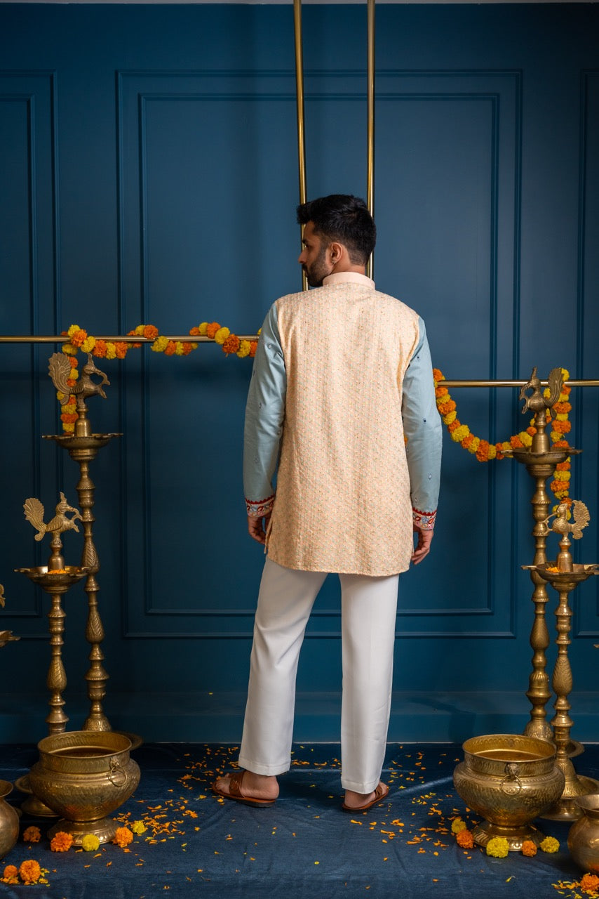 Abees Beige cotton silk embroidered kurta set - detail view 1