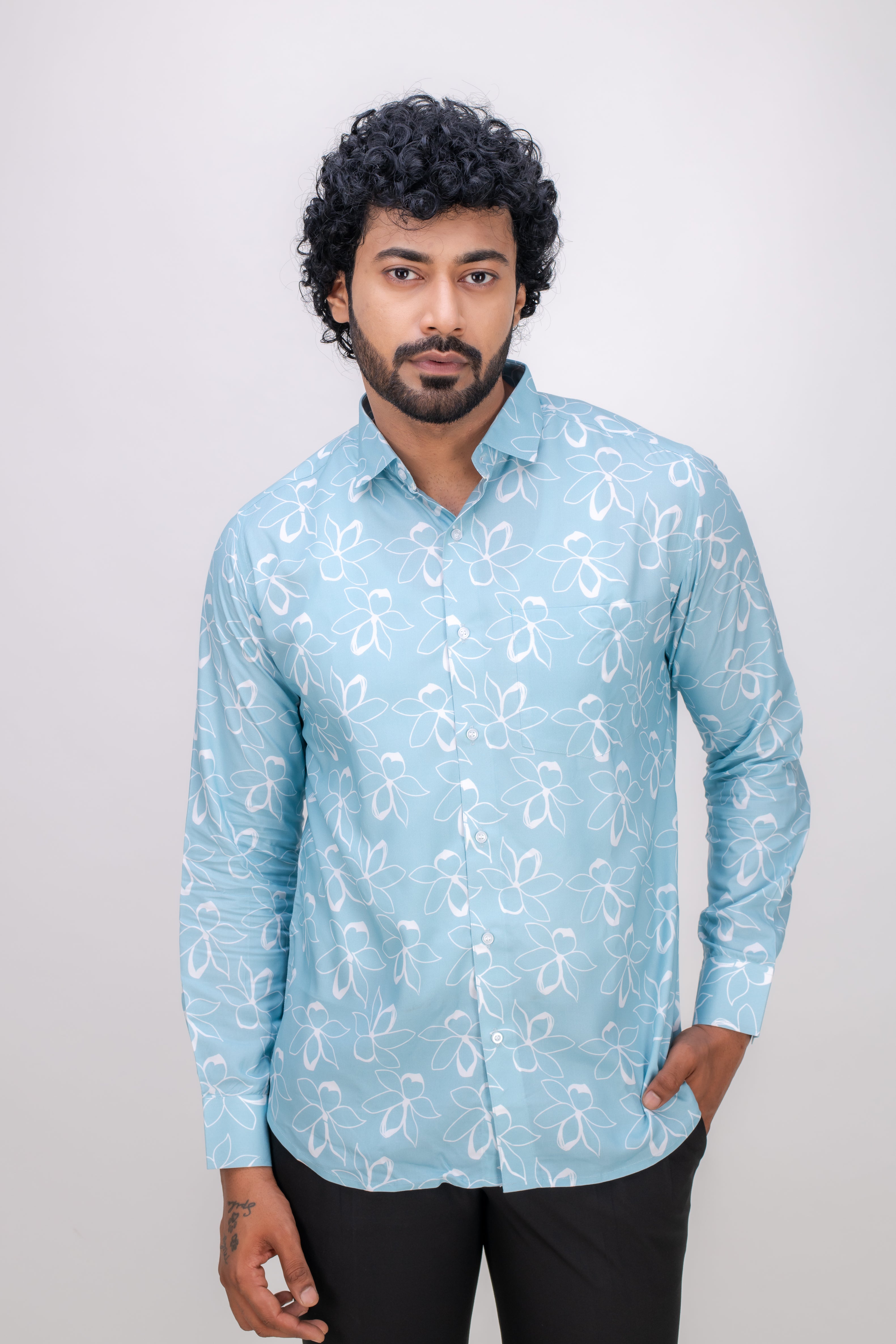 BLUE COTTON FLORAL PRINT SHIRT