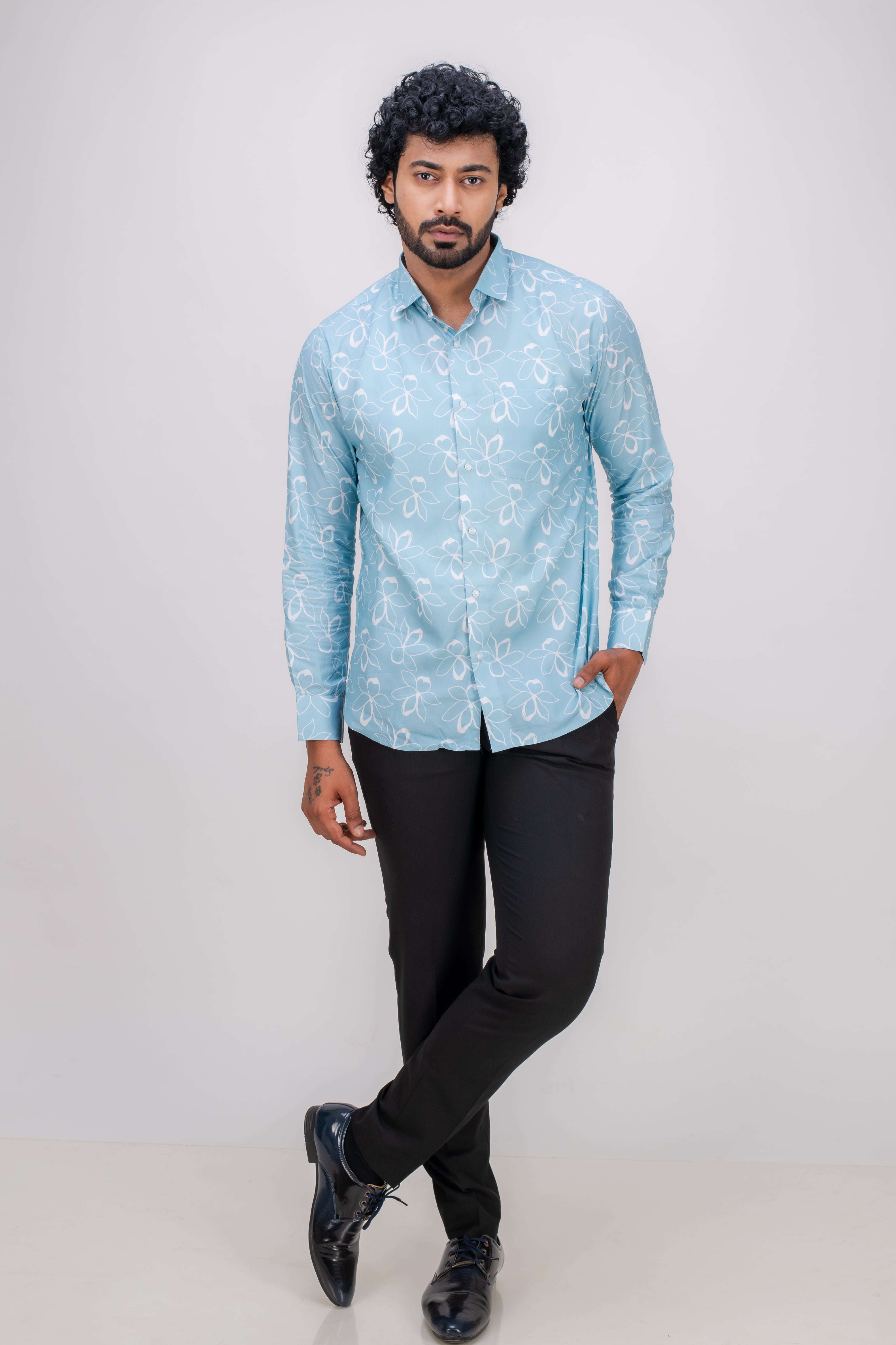 BLUE COTTON FLORAL PRINT SHIRT